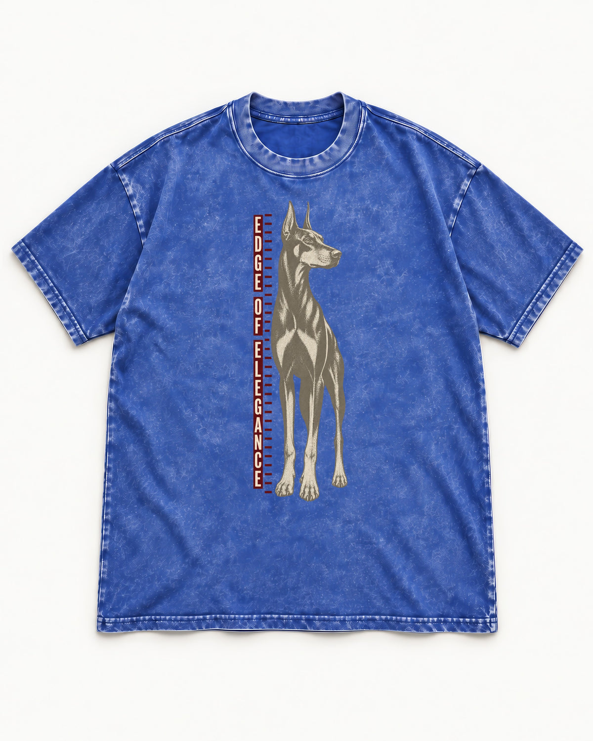 Doberman Edge of Elegance Height Chart Graphic Washed Tee in Royal Blue, flat lay product photo