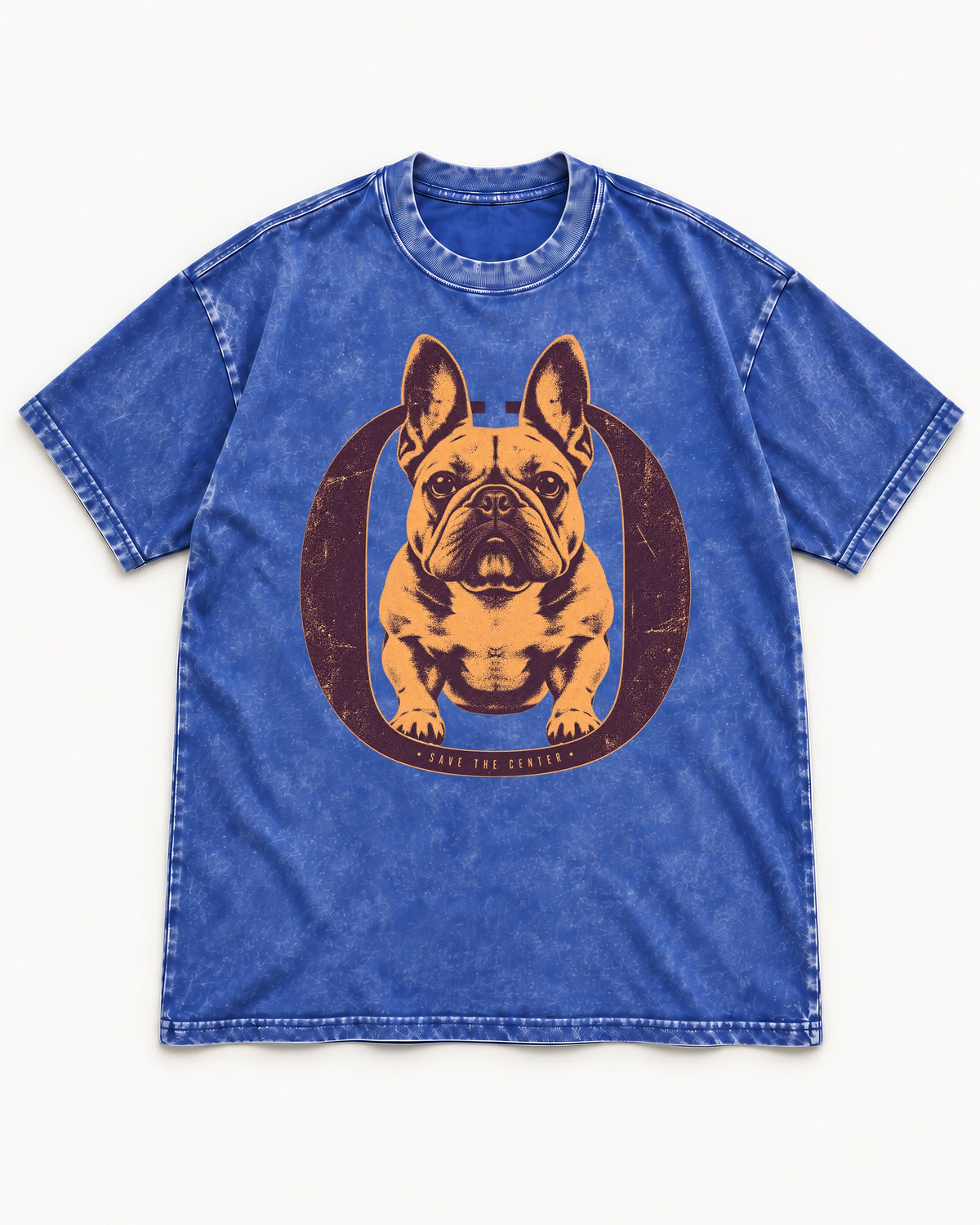 Frenchie Save the Center Oval Portrait Graphic Washed Tee in Royal Blue, flat lay product photo