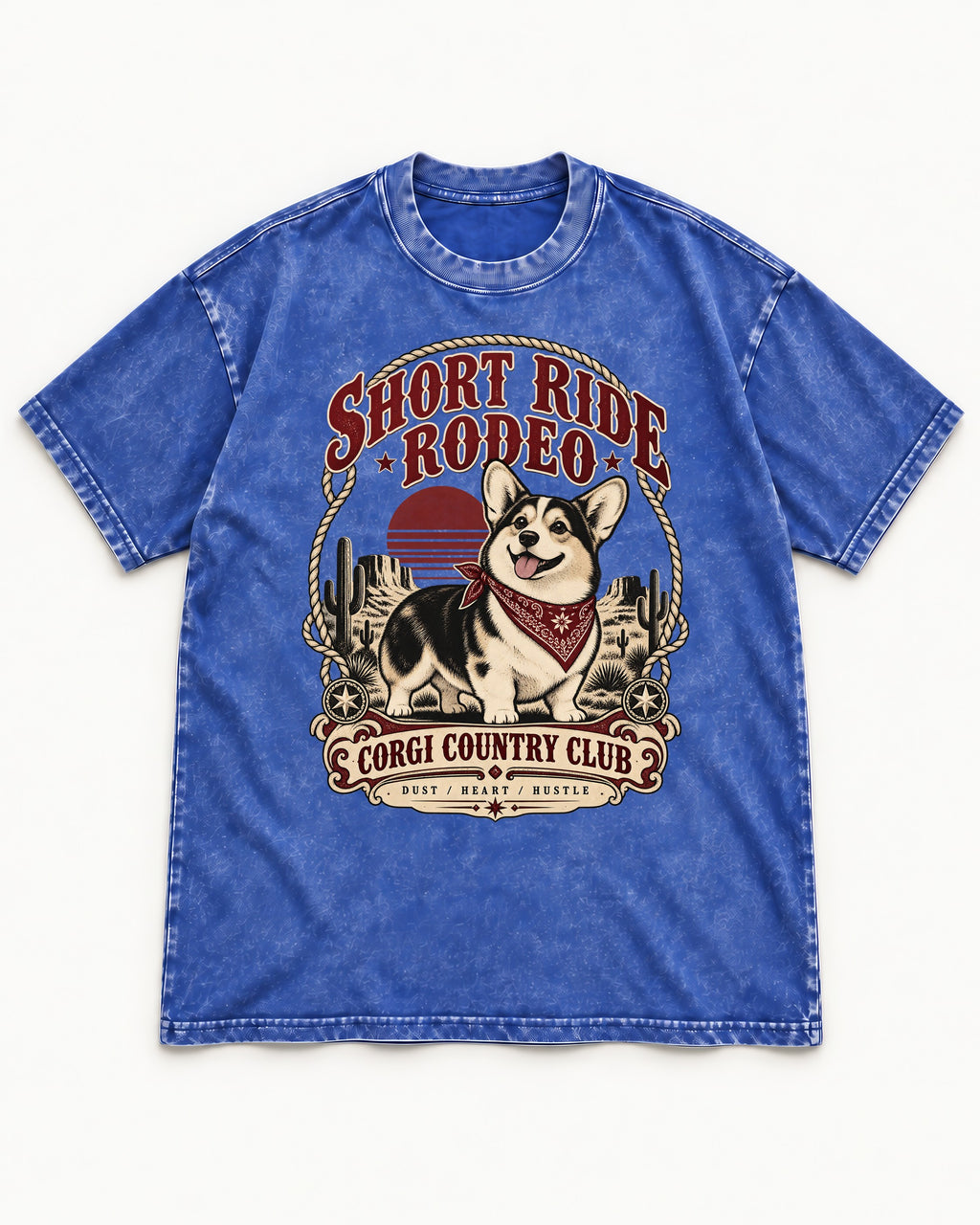 Corgi Short Ride Rodeo Country Club Badge Washed Tee in Royal Blue, flat lay product photo