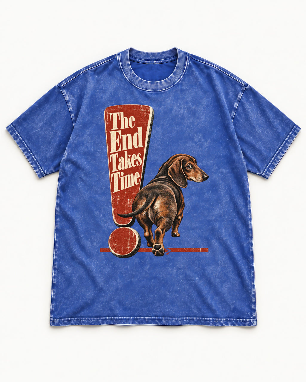 Dachshund The End Takes Time Exclamation Mark Graphic Washed Tee in Royal Blue, flat lay product photo