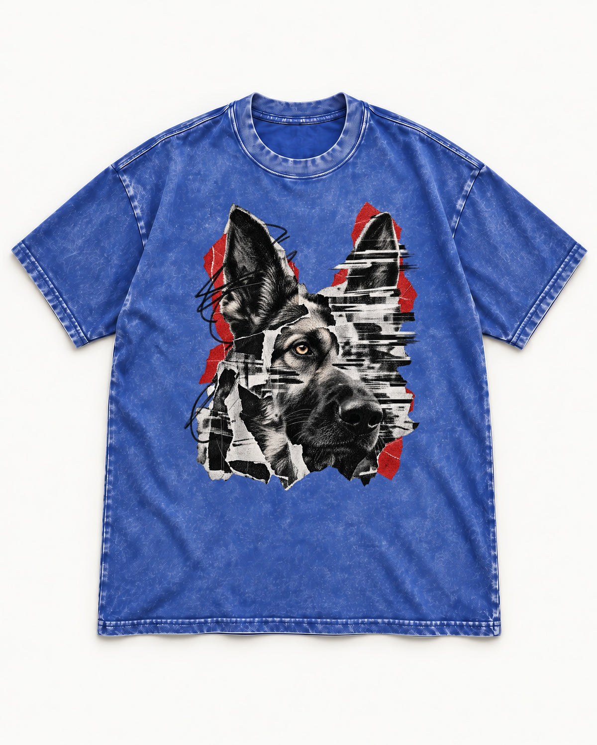 Black Signal Torn Collage German Shepherd Dog Portrait Graphic Washed Tee in Royal Blue, flat lay product photo