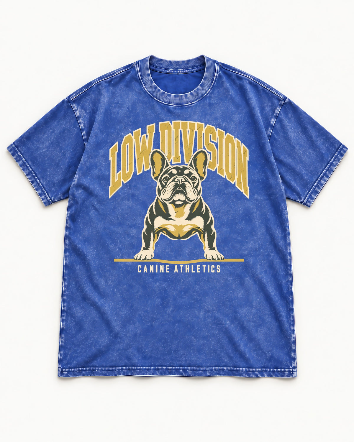 Frenchie Low Division Canine Athletics Graphic Washed Tee in Royal Blue, flat lay product photo