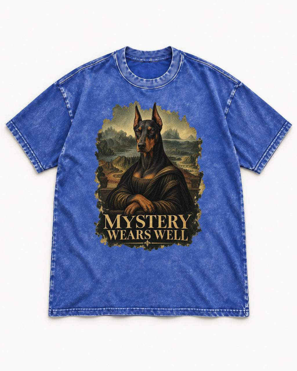 Doberman Mystery Wears Well Renaissance Portrait Graphic Washed Tee in Royal Blue, flat lay product photo