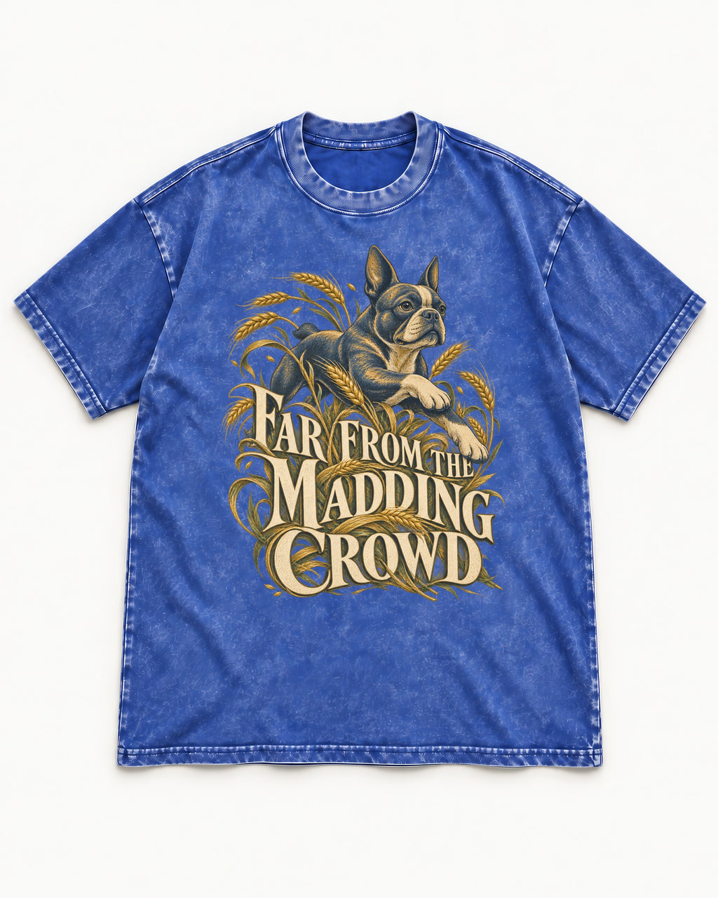 Far From the Madding Crowd Boston Terrier Washed Tee in Royal Blue, flat lay product photo
