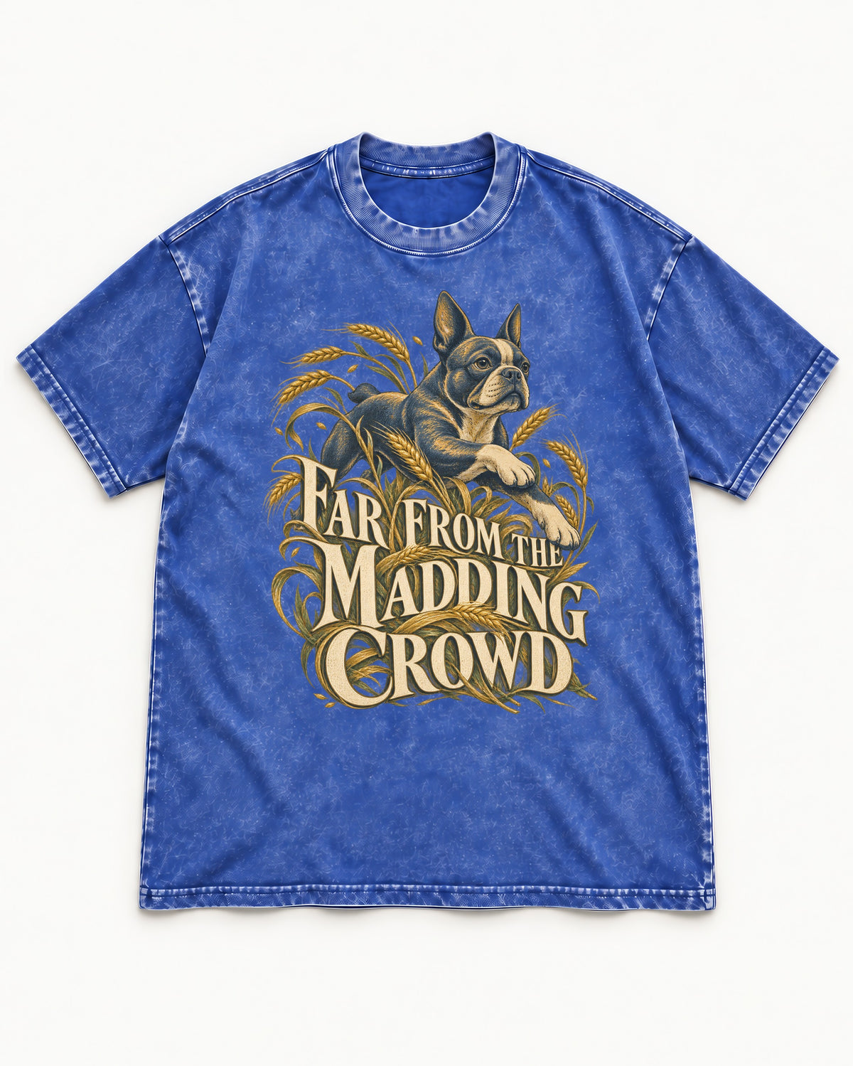 Far From the Madding Crowd Boston Terrier Washed Tee in Royal Blue, flat lay product photo