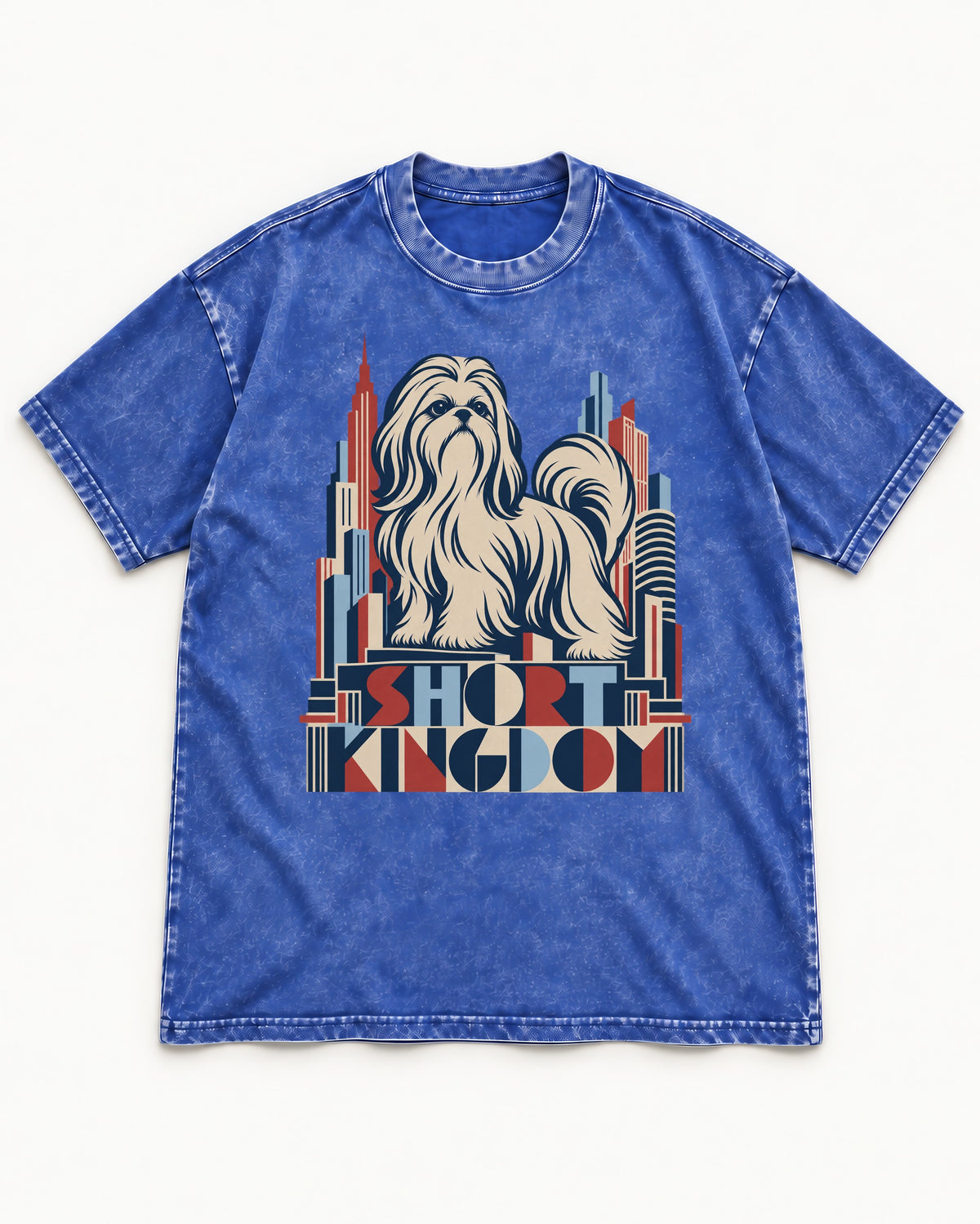 Shih Tzu Short Kingdom Art Deco Skyline Graphic Washed Tee in Royal Blue, flat lay product photo