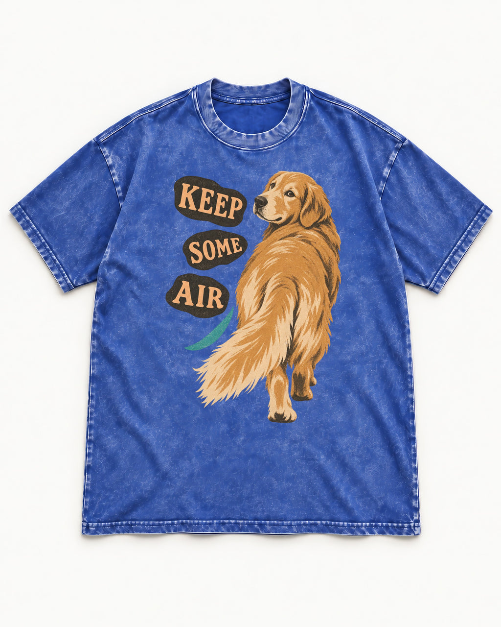 Golden Retriever Keep Some Air Looking Back Graphic Washed Tee in Royal Blue, flat lay product photo