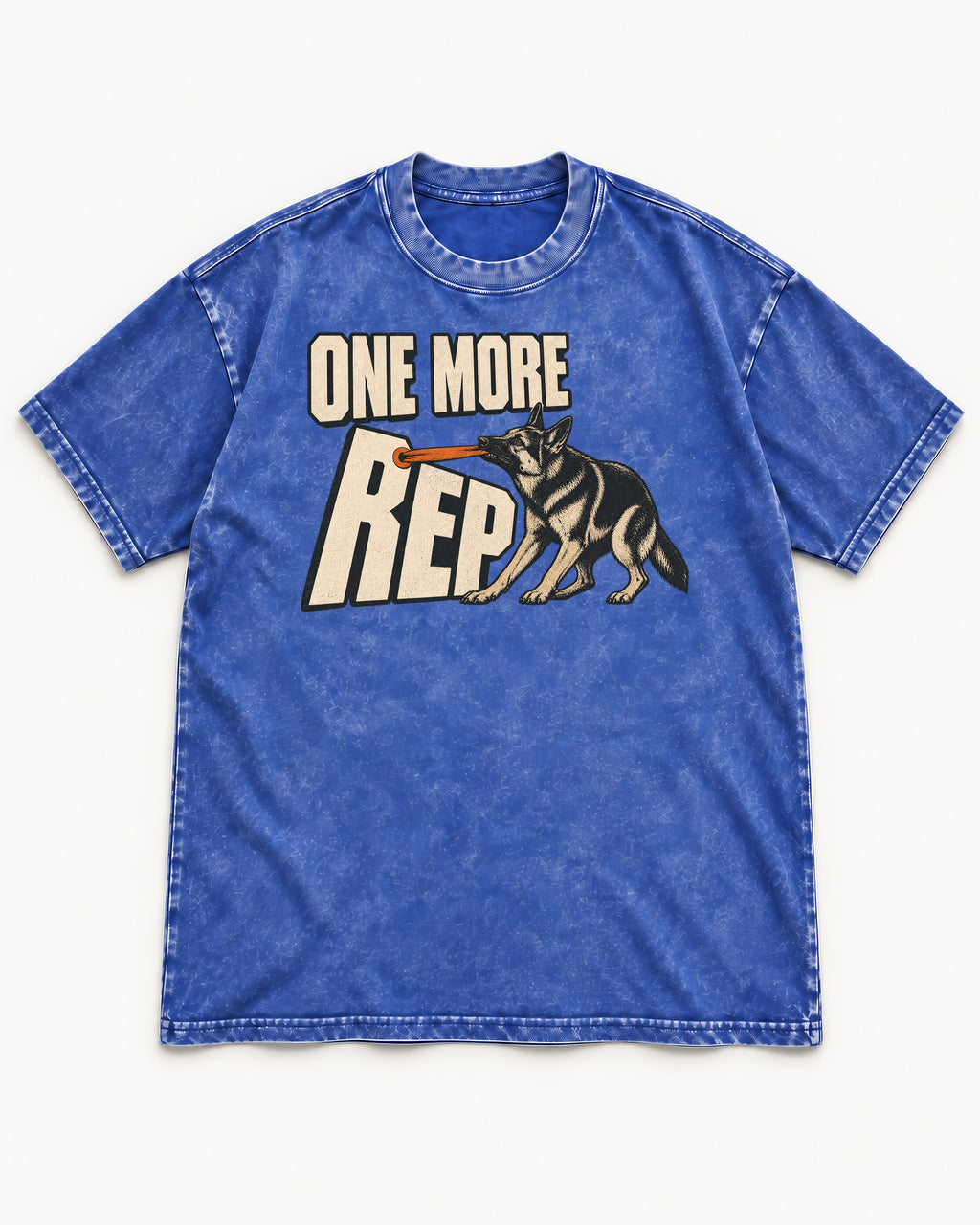 One More Rep Tug German Shepherd Dog Graphic Washed Tee in Royal Blue, flat lay product photo