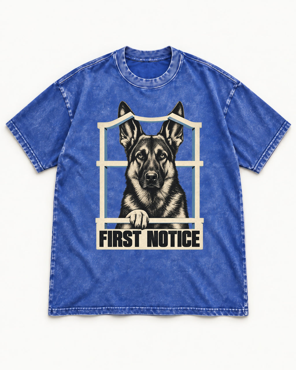 First Notice Window German Shepherd Dog Graphic Washed Tee in Royal Blue, flat lay product photo