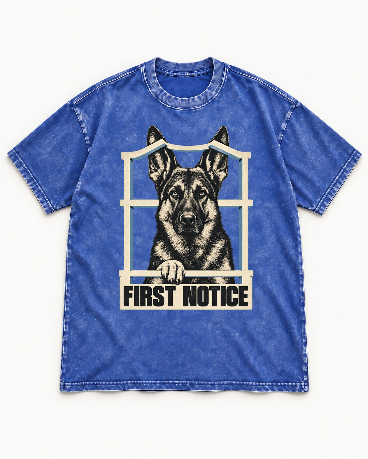 First Notice Window German Shepherd Dog Graphic Washed Tee in Royal Blue, flat lay product photo