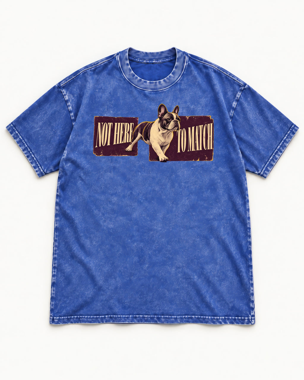Frenchie Not Here to Watch Panels Graphic Washed Tee in Royal Blue, flat lay product photo