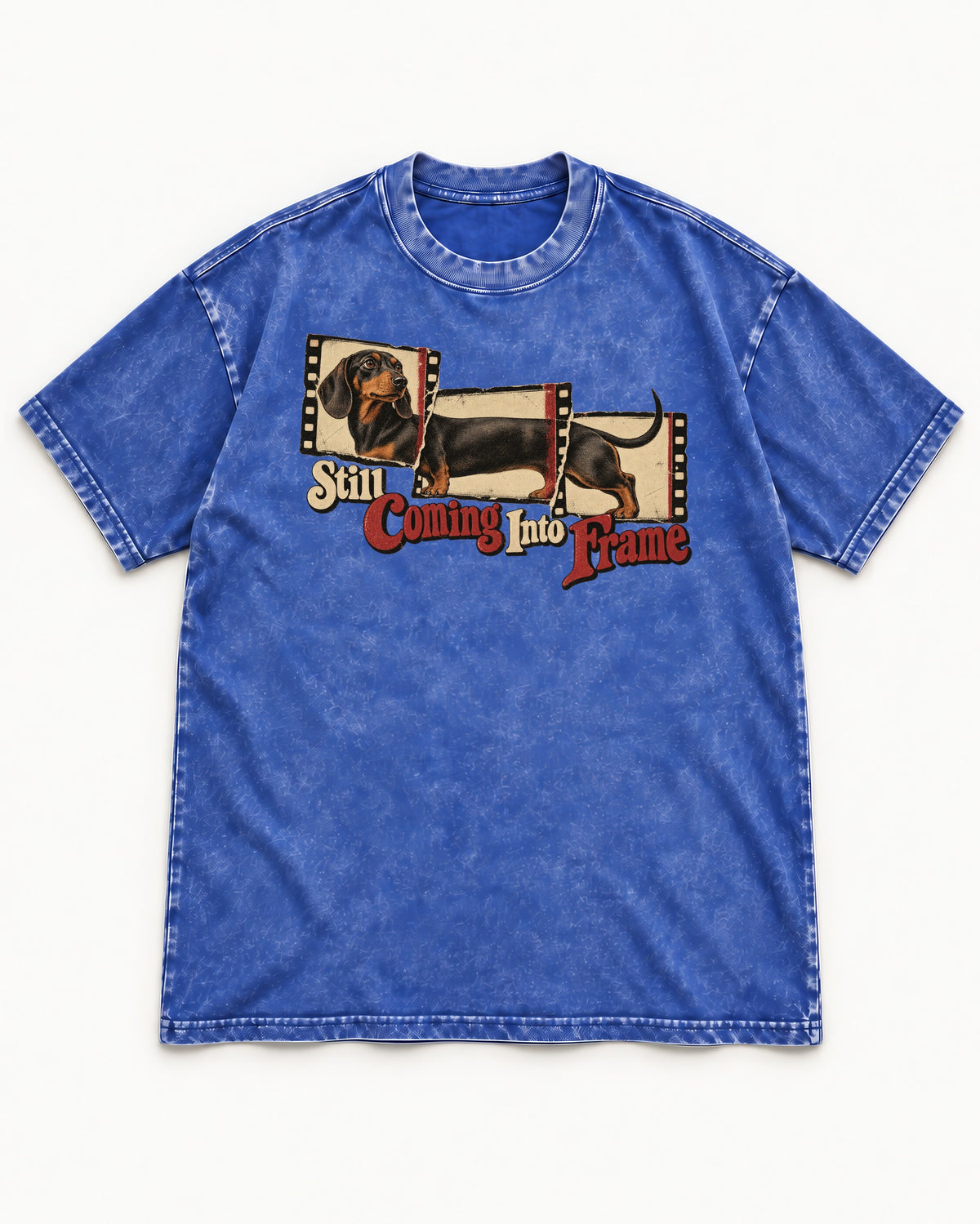 Dachshund Still Coming Into Frame Vintage Filmstrip Graphic Washed Tee in Royal Blue, flat lay product photo
