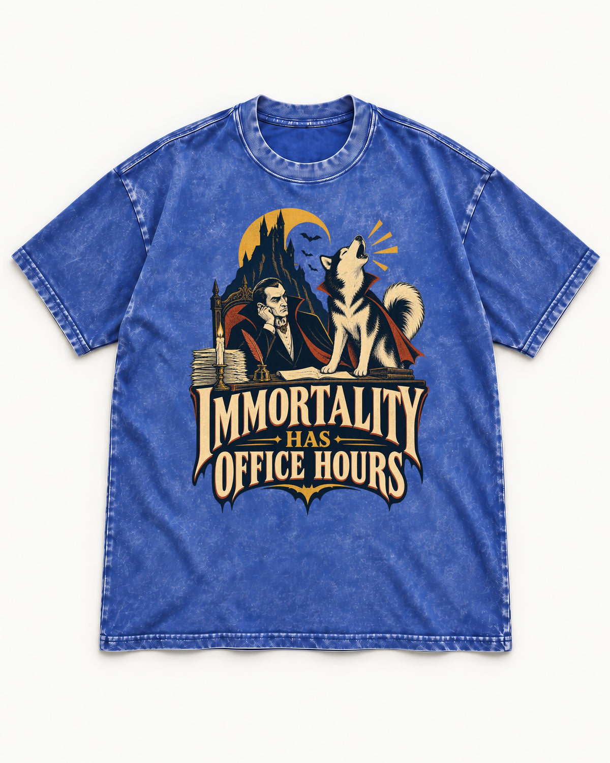 Husky Immortality Has Office Hours Vampire Office Graphic Washed Tee in Royal Blue, flat lay product photo