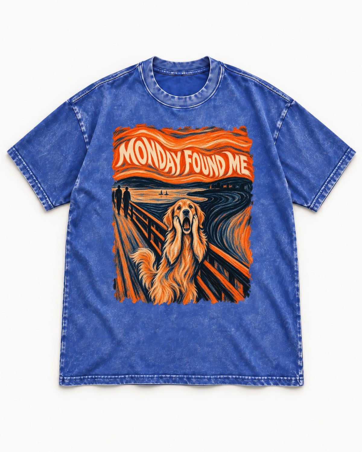 Monday Found Me Scream Golden Retriever Graphic Washed Tee in Royal Blue, flat lay product photo