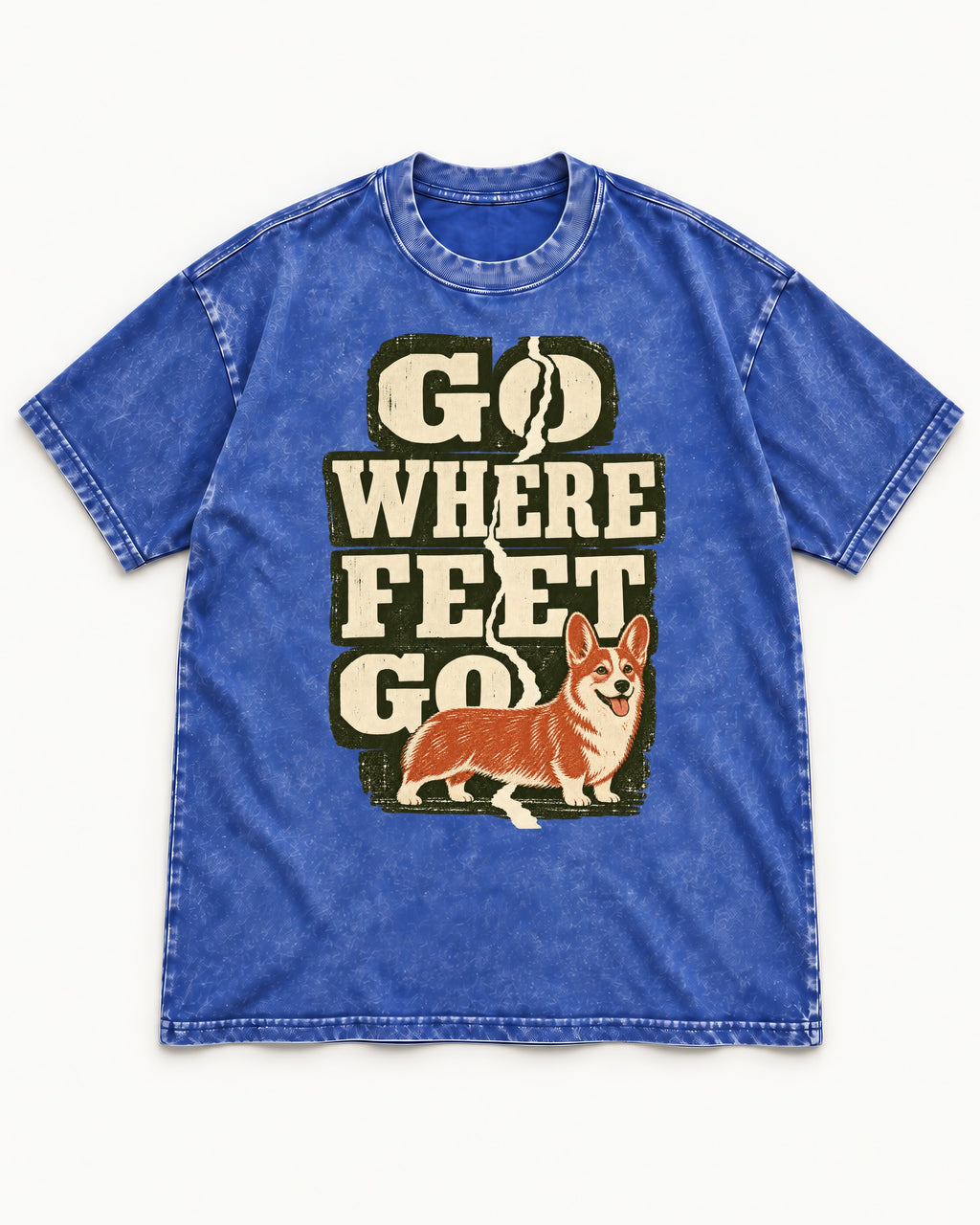 Corgi Go Where Feet Go Path Washed Tee in Royal Blue, flat lay product photo