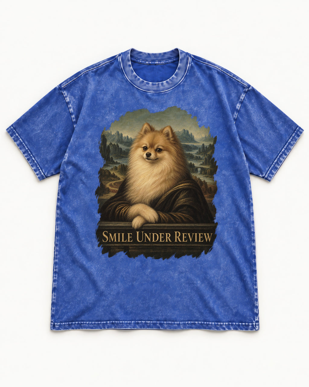 Pomeranian Smile Under Review Renaissance Portrait Graphic Washed Tee in Royal Blue, flat lay product photo