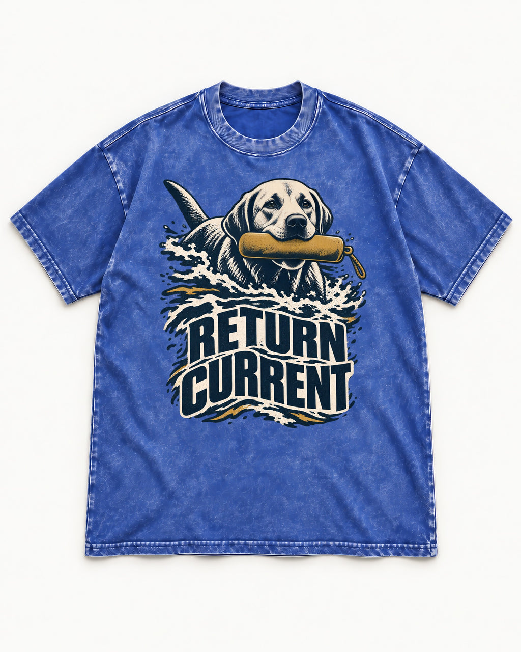 Return Current Water Retrieve Labrador Retriever Graphic Washed Tee in Royal Blue, flat lay product photo