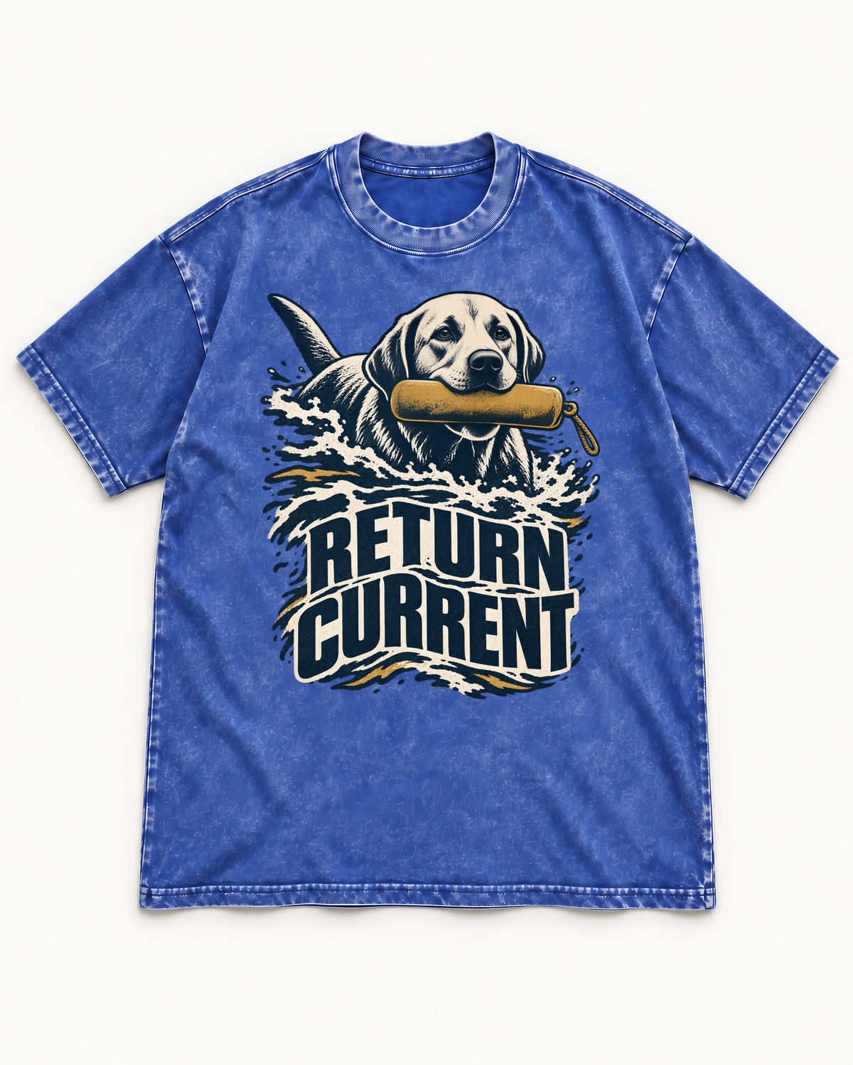 Return Current Water Retrieve Labrador Retriever Graphic Washed Tee in Royal Blue, flat lay product photo