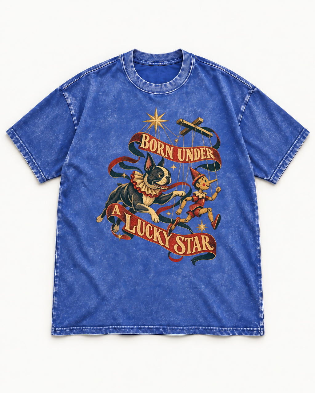 Born Under a Lucky Star Boston Terrier Washed Tee in Royal Blue, flat lay product photo