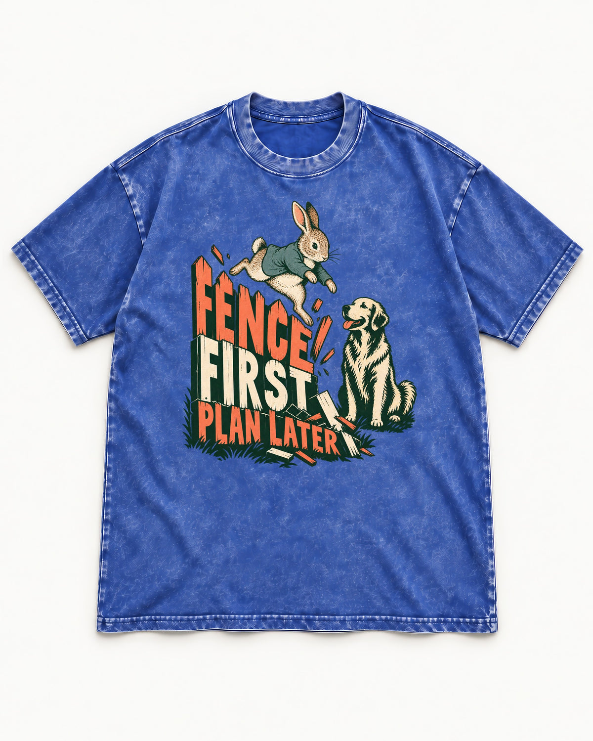 Golden Retriever Fence First Plan Later Rabbit Jump Graphic Washed Tee in Royal Blue, flat lay product photo