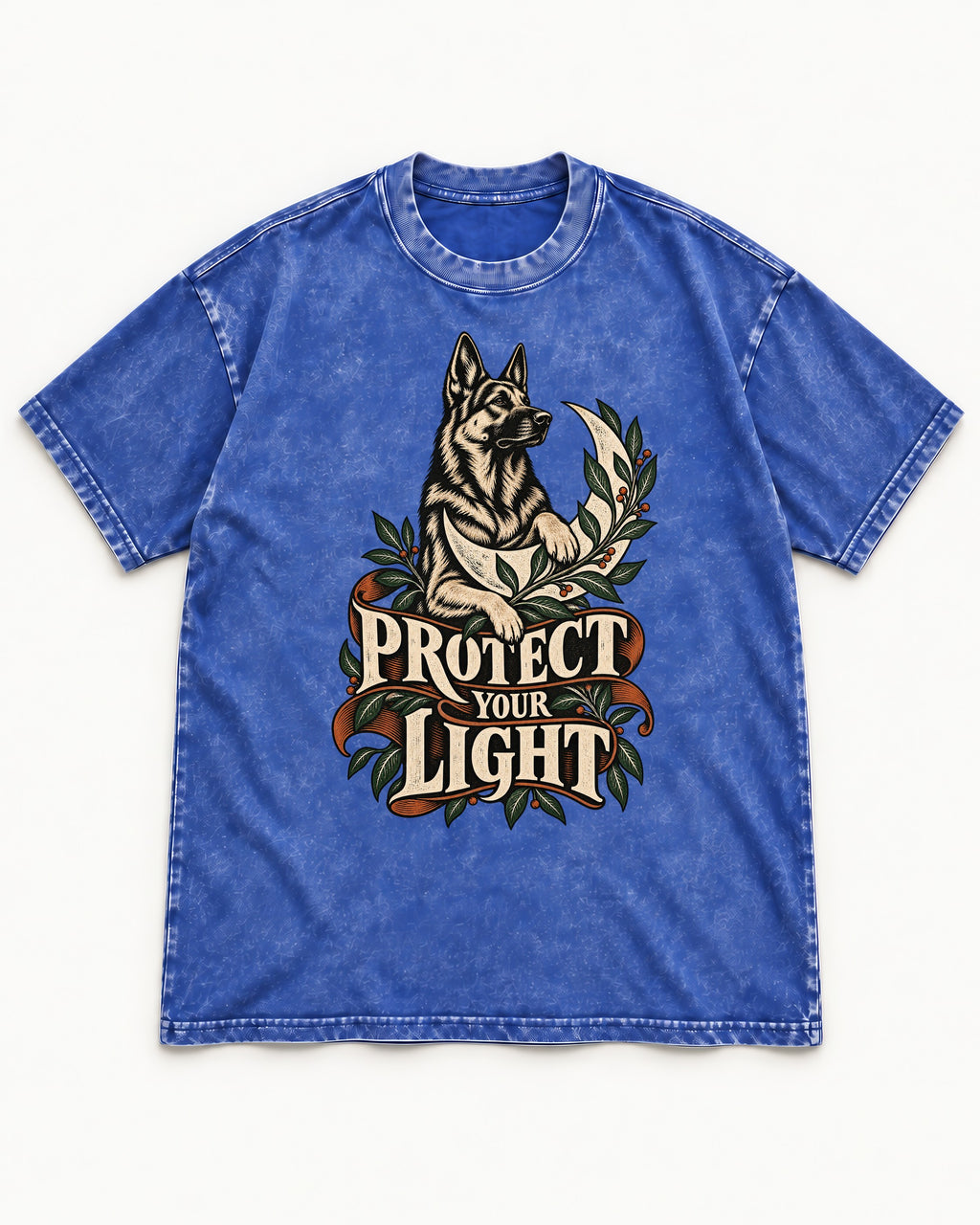 Protect Your Light Moon Botanical German Shepherd Dog Graphic Washed Tee in Royal Blue, flat lay product photo