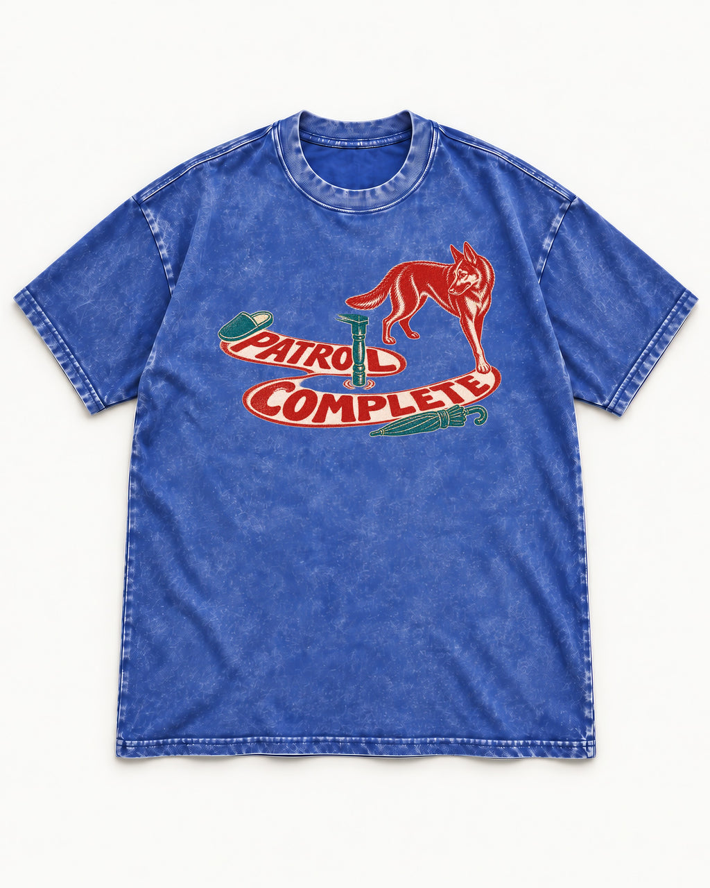 German Shepherd Dog Patrol Complete Umbrella Graphic Washed Tee in Royal Blue, flat lay product photo