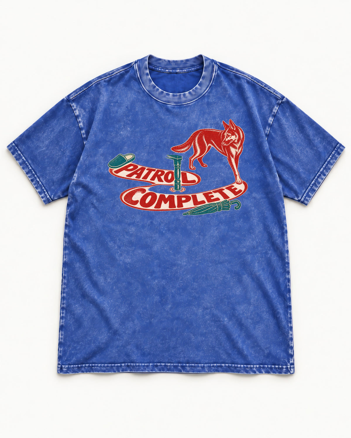German Shepherd Dog Patrol Complete Umbrella Graphic Washed Tee in Royal Blue, flat lay product photo