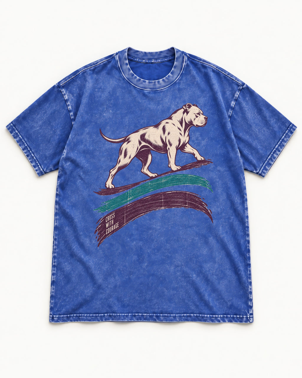 Pitbull Cross with Courage Brushstroke Graphic Washed Tee in Royal Blue, flat lay product photo