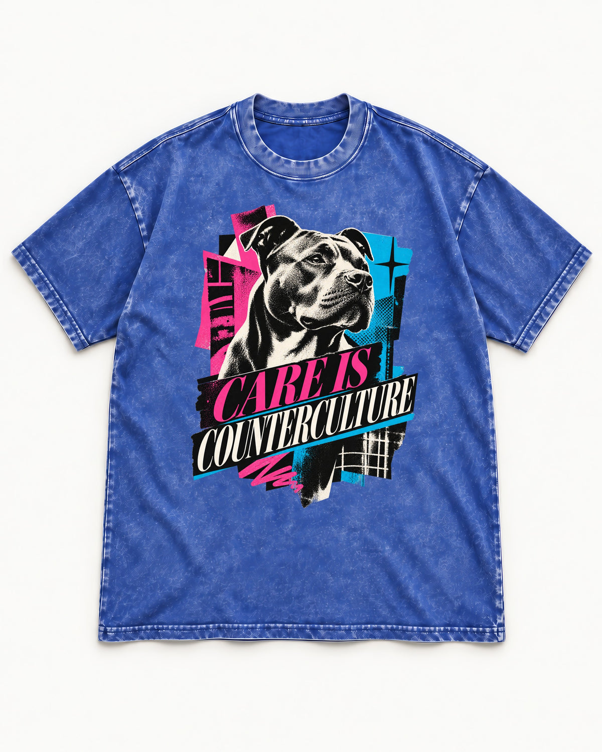 Pitbull Care Is Counterculture Neon Collage Portrait Graphic Washed Tee in Royal Blue, flat lay product photo