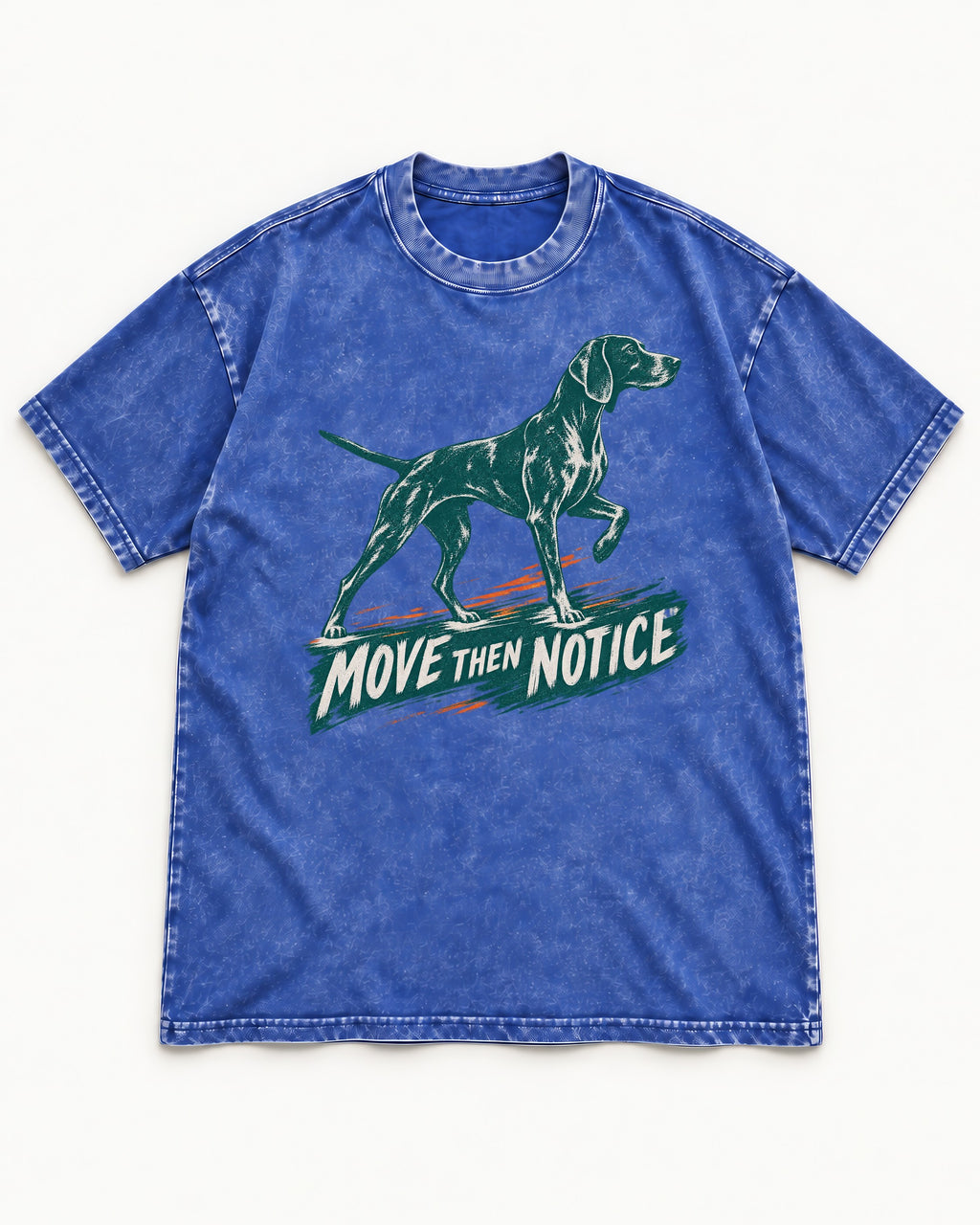 German Shorthaired Pointer Move Then Notice Brushstroke Graphic Washed Tee in Royal Blue, flat lay product photo