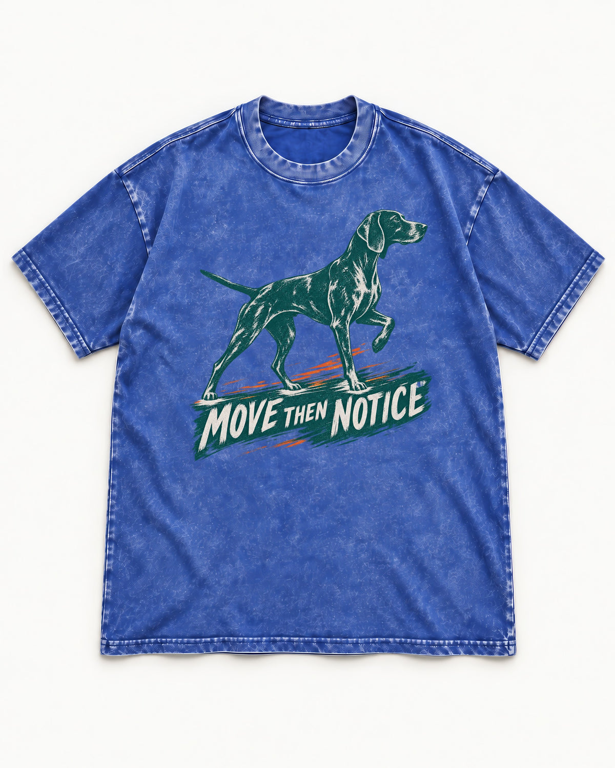 German Shorthaired Pointer Move Then Notice Brushstroke Graphic Washed Tee in Royal Blue, flat lay product photo