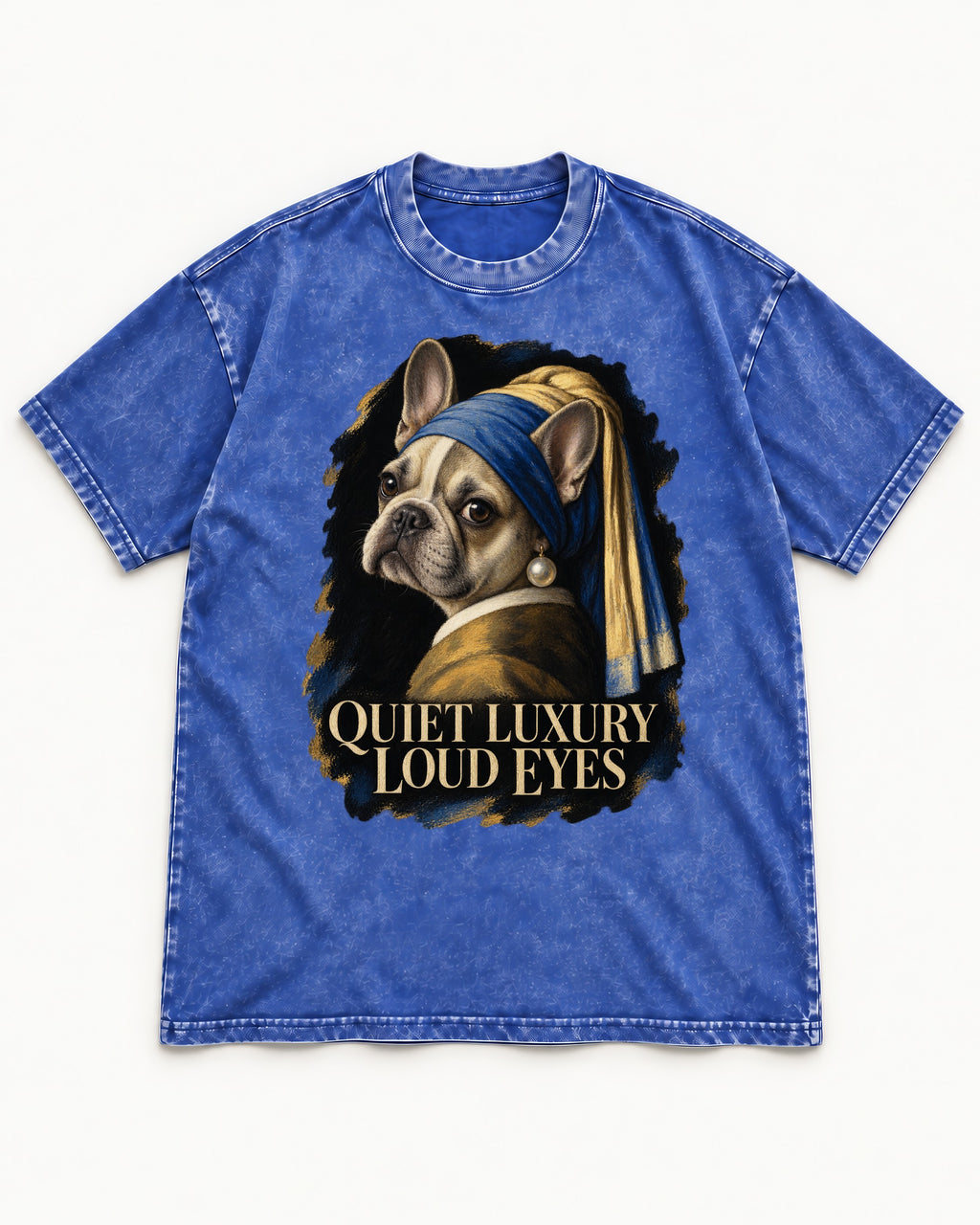 Frenchie Quiet Luxury Loud Eyes Pearl Portrait Graphic Washed Tee in Royal Blue, flat lay product photo