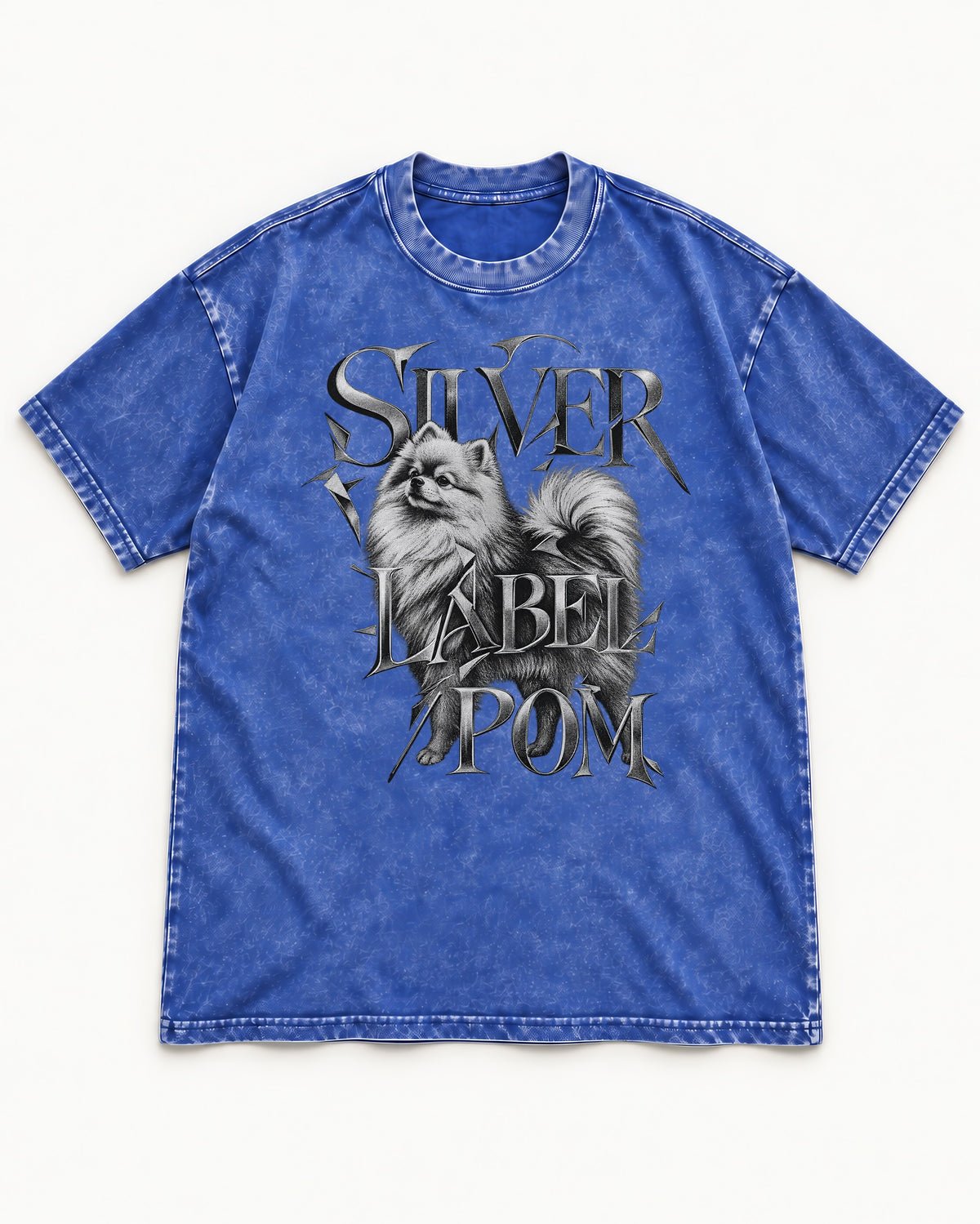 Pomeranian Silver Label Metallic Typography Graphic Washed Tee in Royal Blue, flat lay product photo