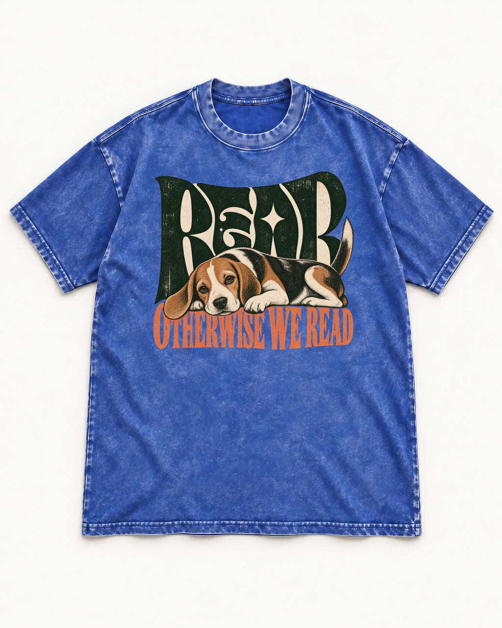 Beagle Read Otherwise We Read Retro Graphic Washed Tee in Royal Blue, flat lay product photo