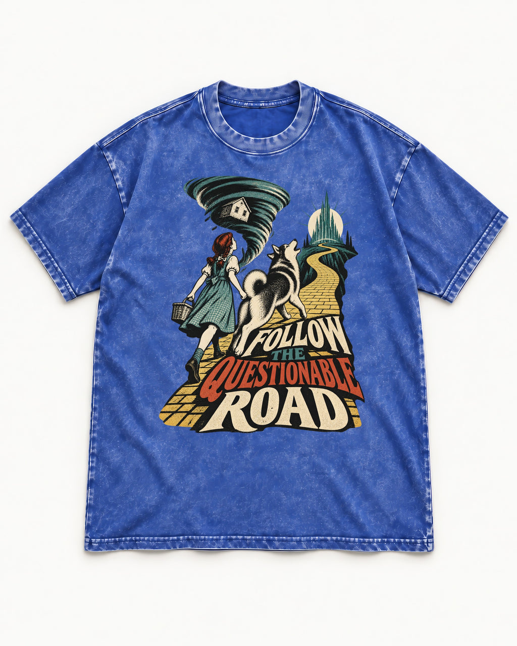 Husky Follow the Questionable Road Tornado Graphic Washed Tee in Royal Blue, flat lay product photo