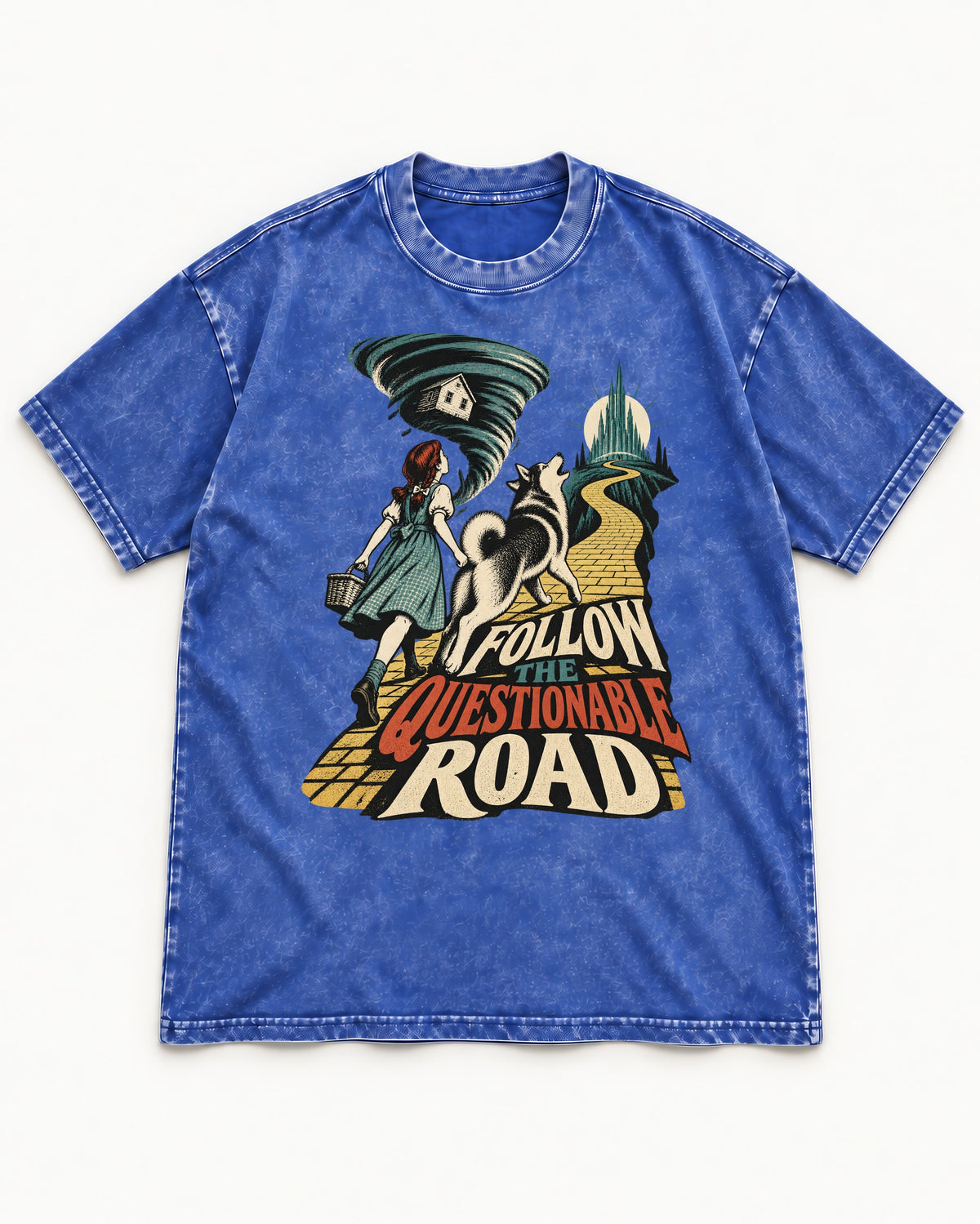 Husky Follow the Questionable Road Tornado Graphic Washed Tee in Royal Blue, flat lay product photo