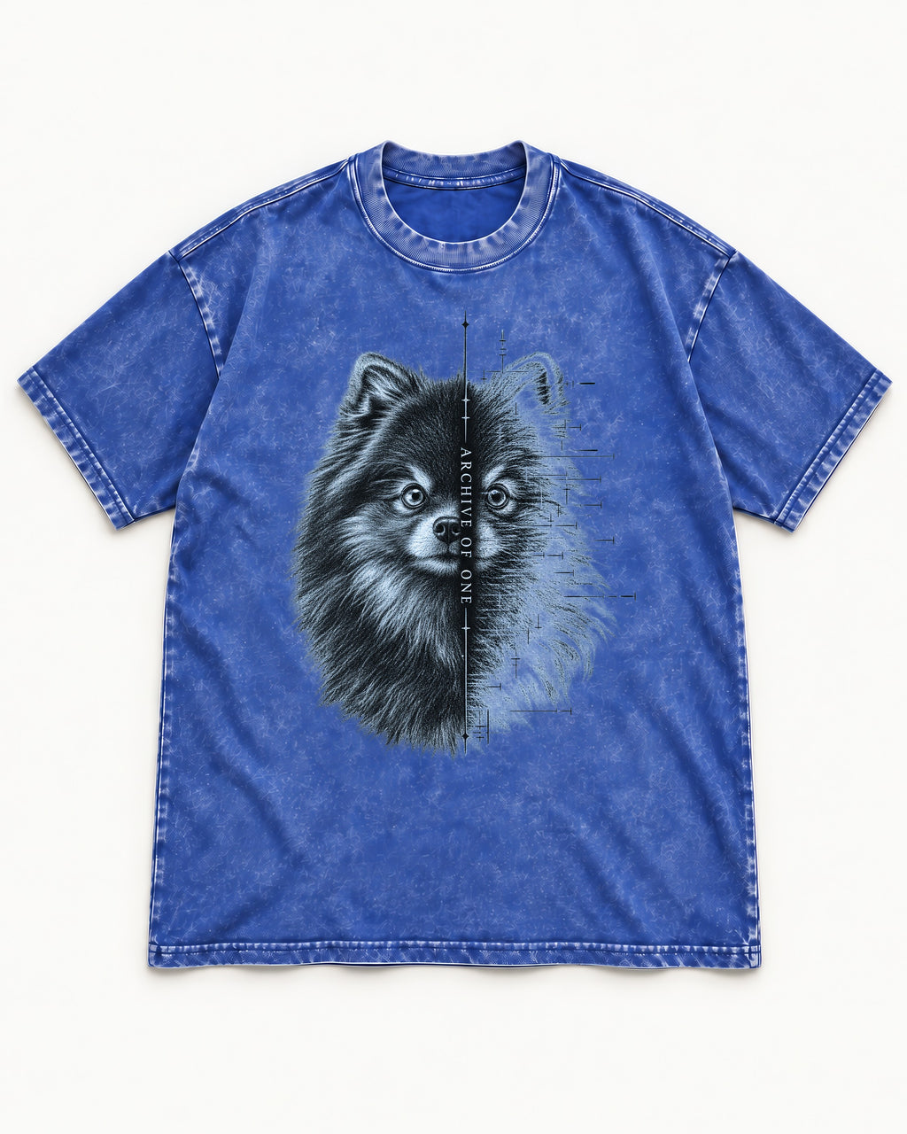 Pomeranian Archive of One Split Portrait Graphic Washed Tee in Royal Blue, flat lay product photo