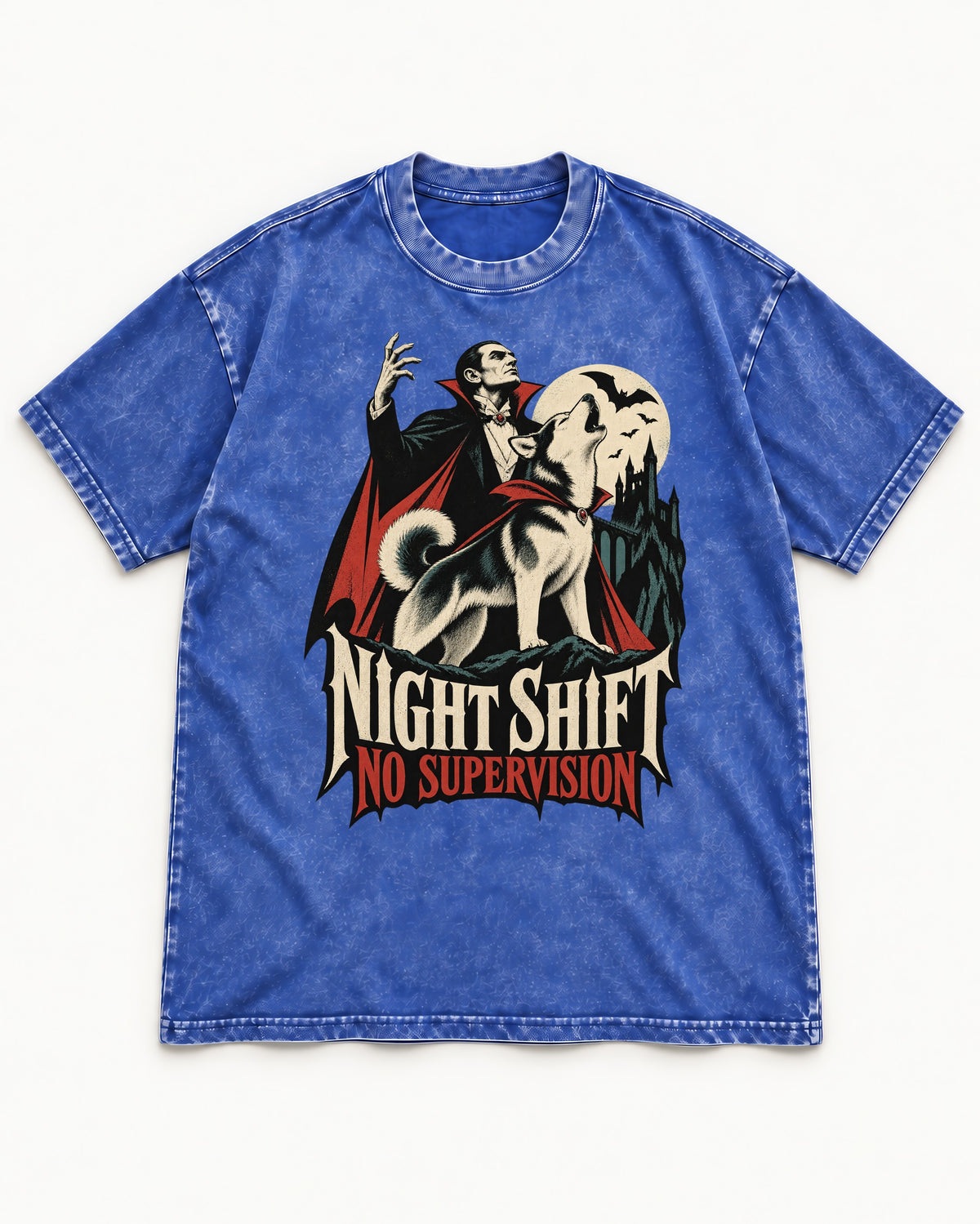 Husky Night Shift No Supervision Vampire Graphic Washed Tee in Royal Blue, flat lay product photo