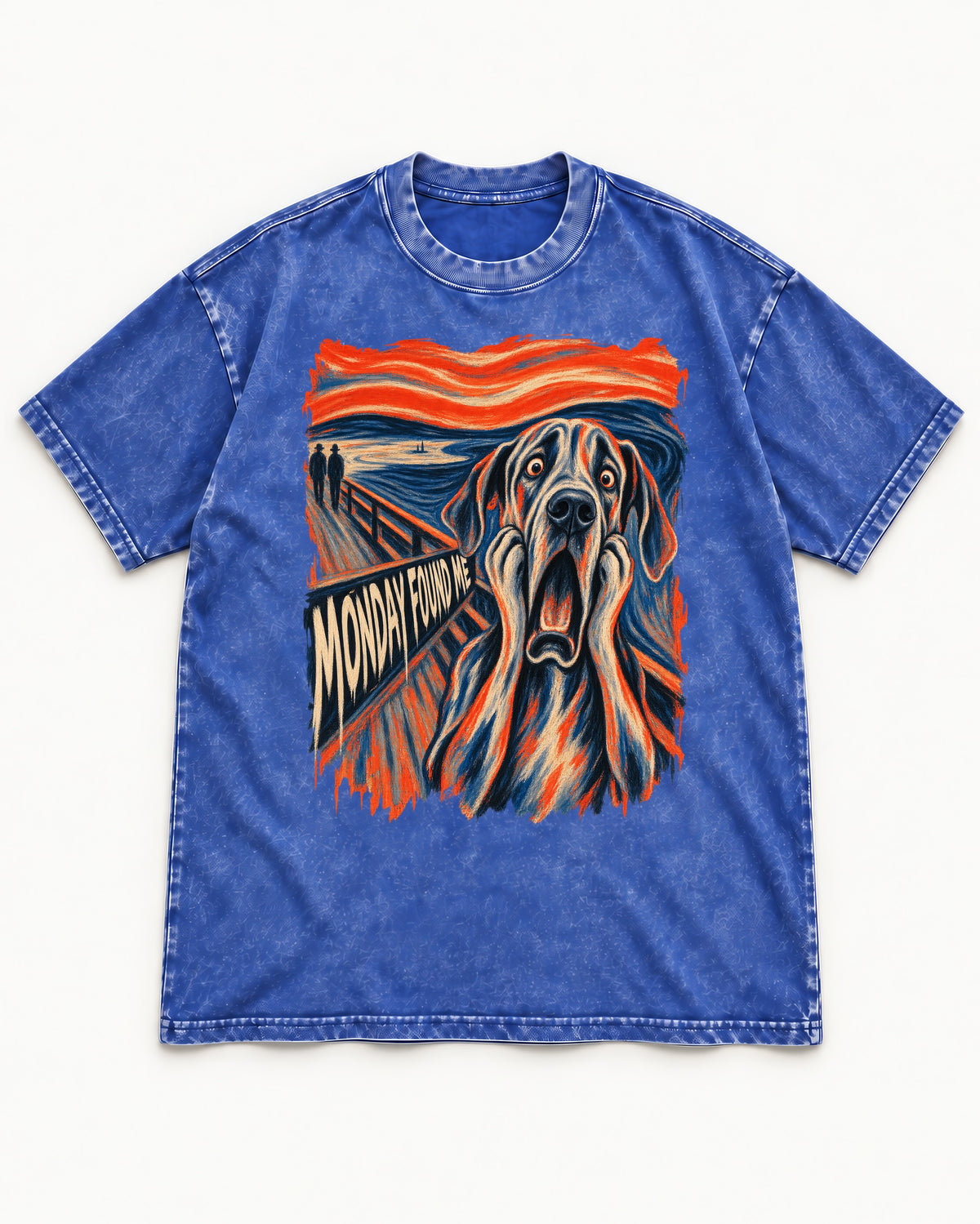 Great Dane Monday Found Me Scream Parody Graphic Washed Tee in Royal Blue, flat lay product photo