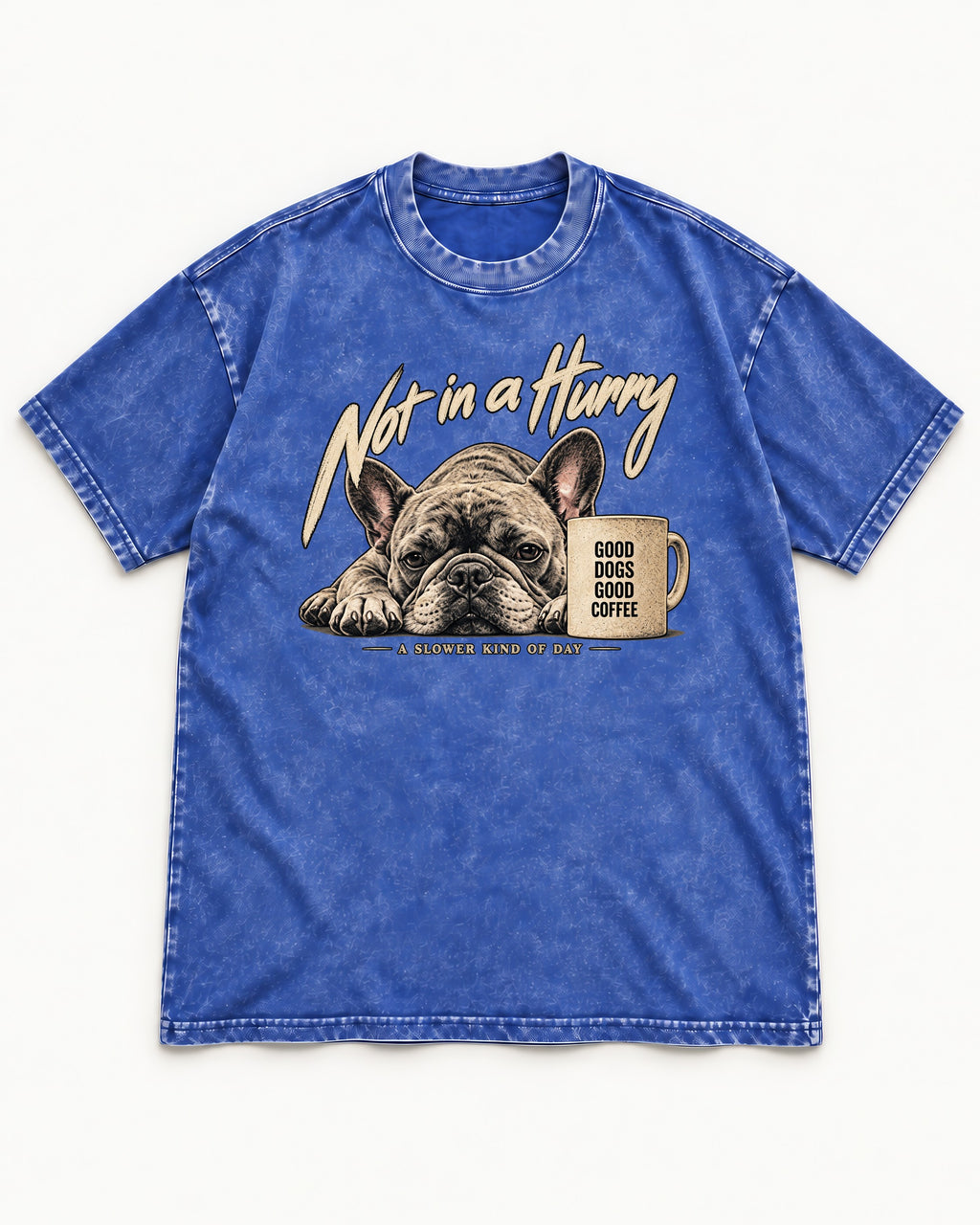 Frenchie Not in a Hurry Coffee Graphic Washed Tee in Royal Blue, flat lay product photo