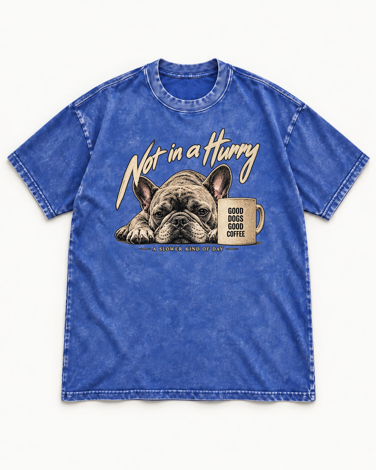 Frenchie Not in a Hurry Coffee Graphic Washed Tee in Royal Blue, flat lay product photo