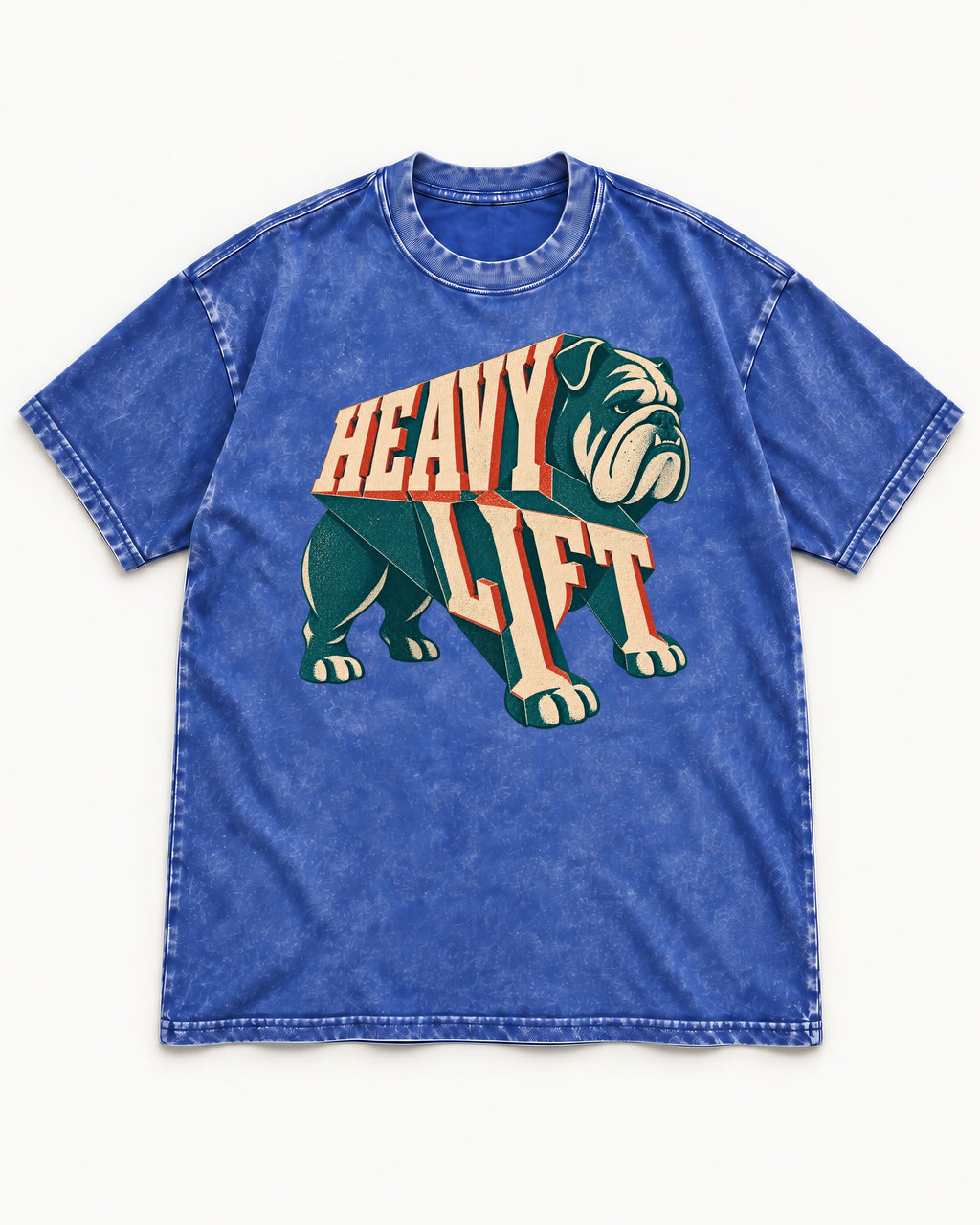 English Bulldog Heavy Lift Dimensional Type Washed Tee in Royal Blue, flat lay product photo