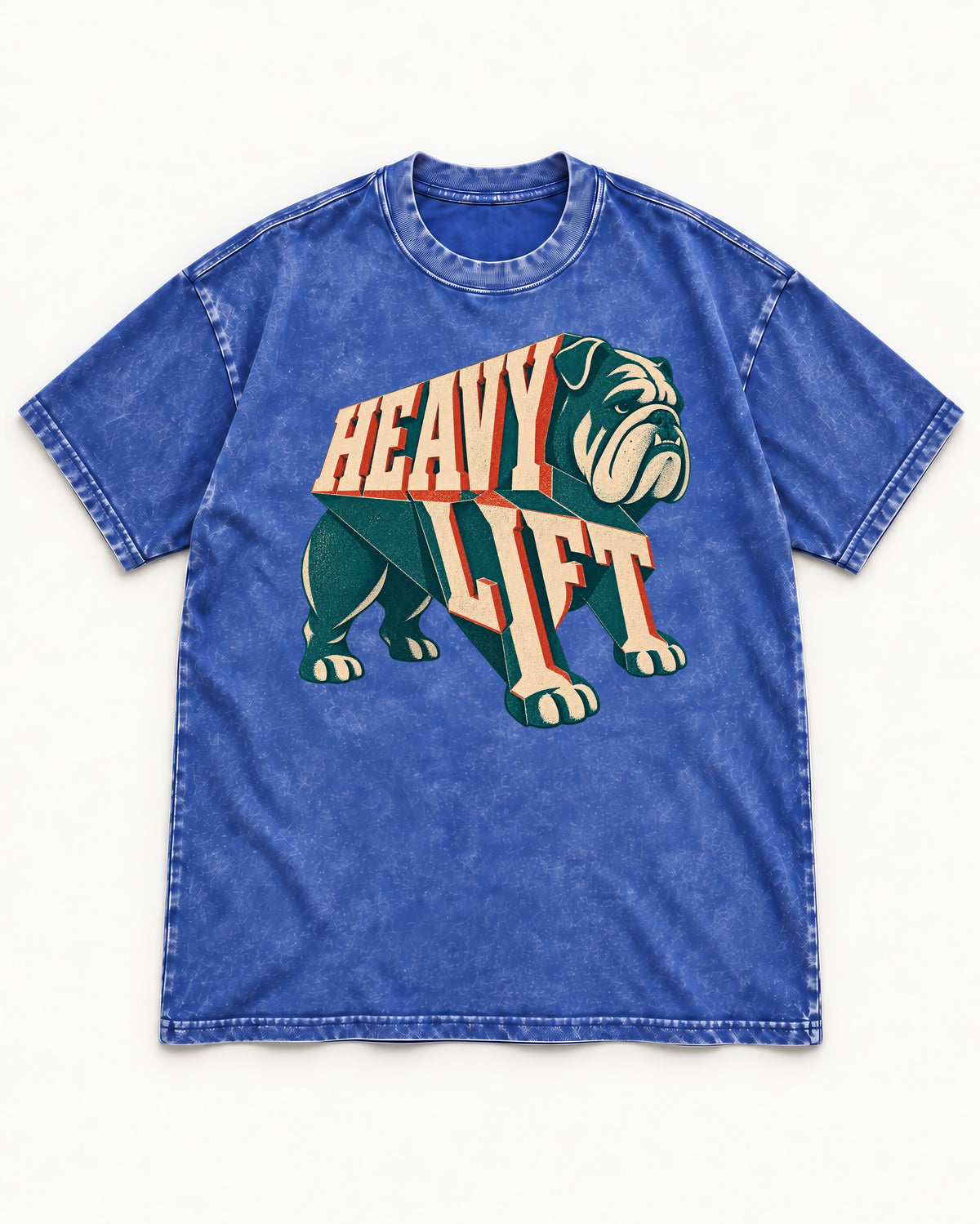English Bulldog Heavy Lift Dimensional Type Washed Tee in Royal Blue, flat lay product photo