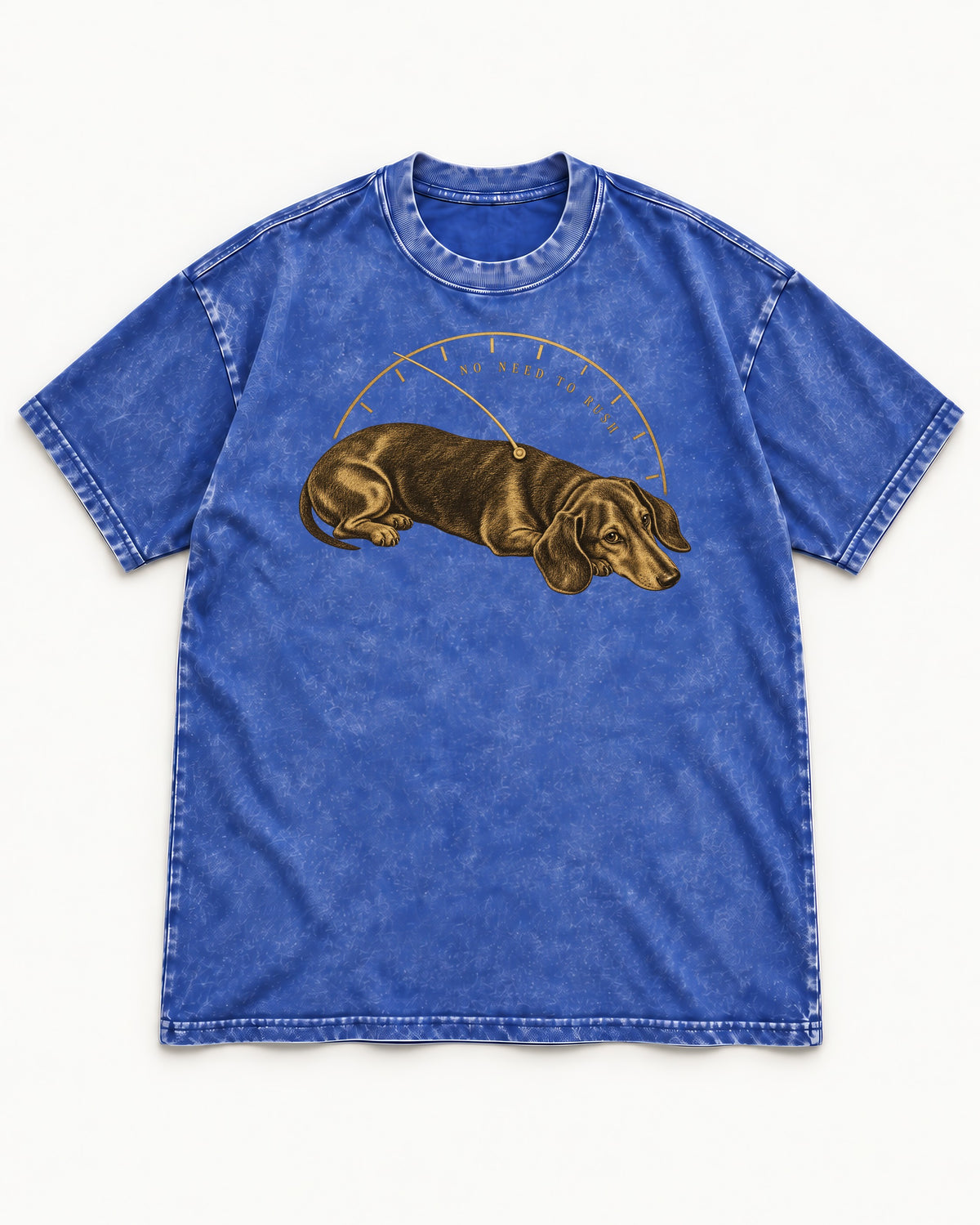 Dachshund No Need To Rush Gauge Graphic Washed Tee in Royal Blue, flat lay product photo