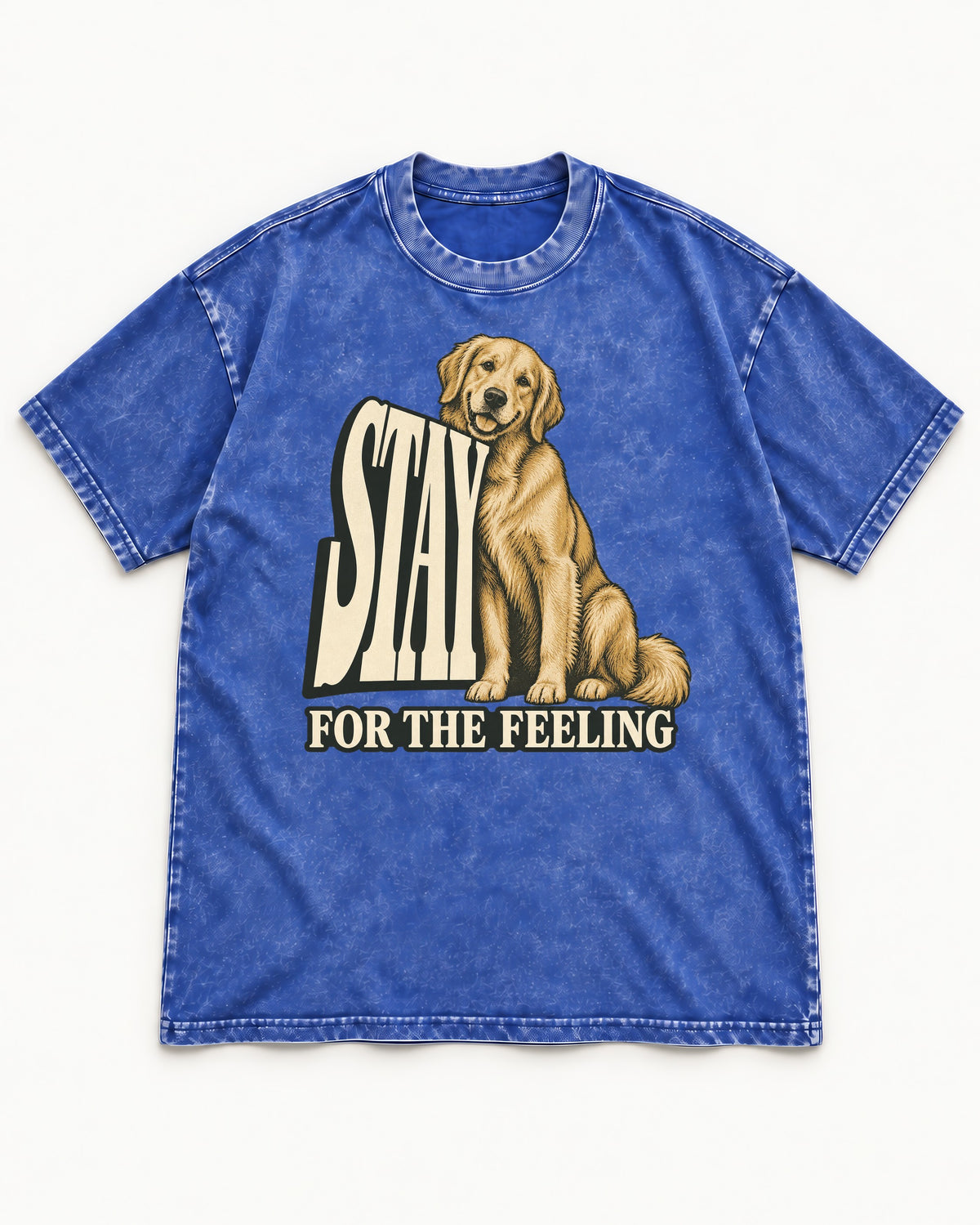Golden Retriever Stay for the Feeling Leaning Puppy Graphic Washed Tee in Royal Blue, flat lay product photo