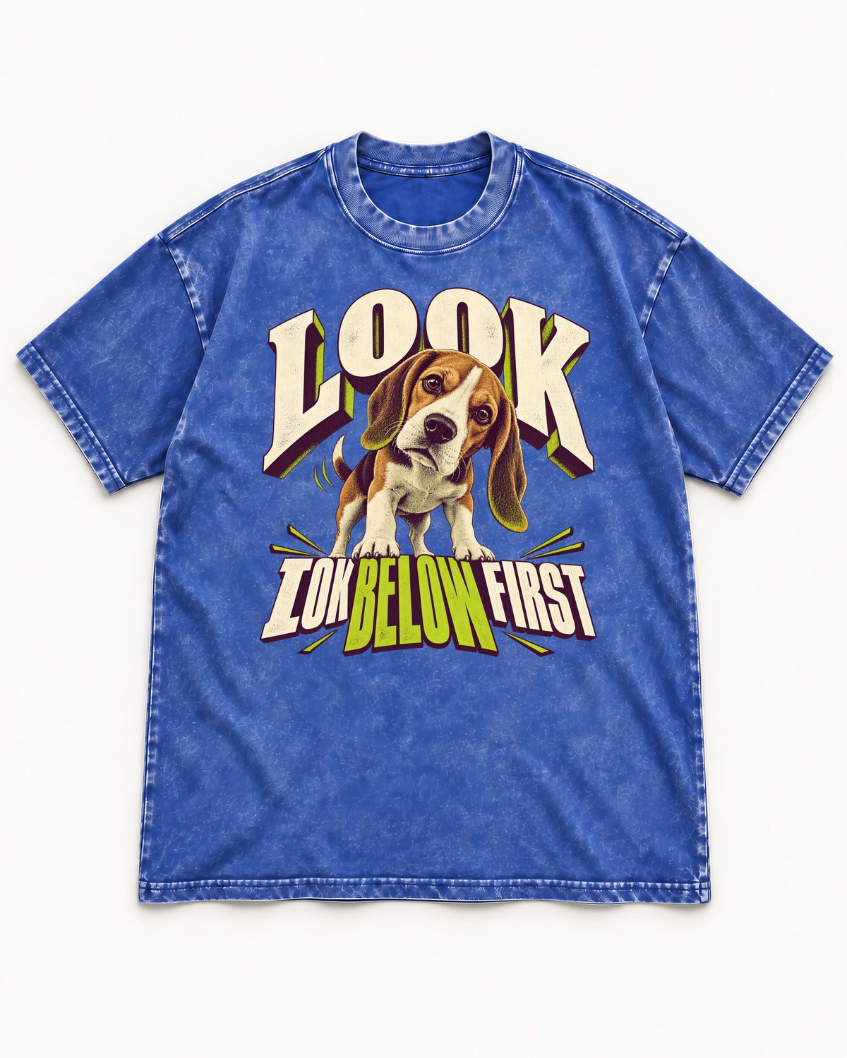 Beagle Look Low Below First Washed Tee in Royal Blue, flat lay product photo