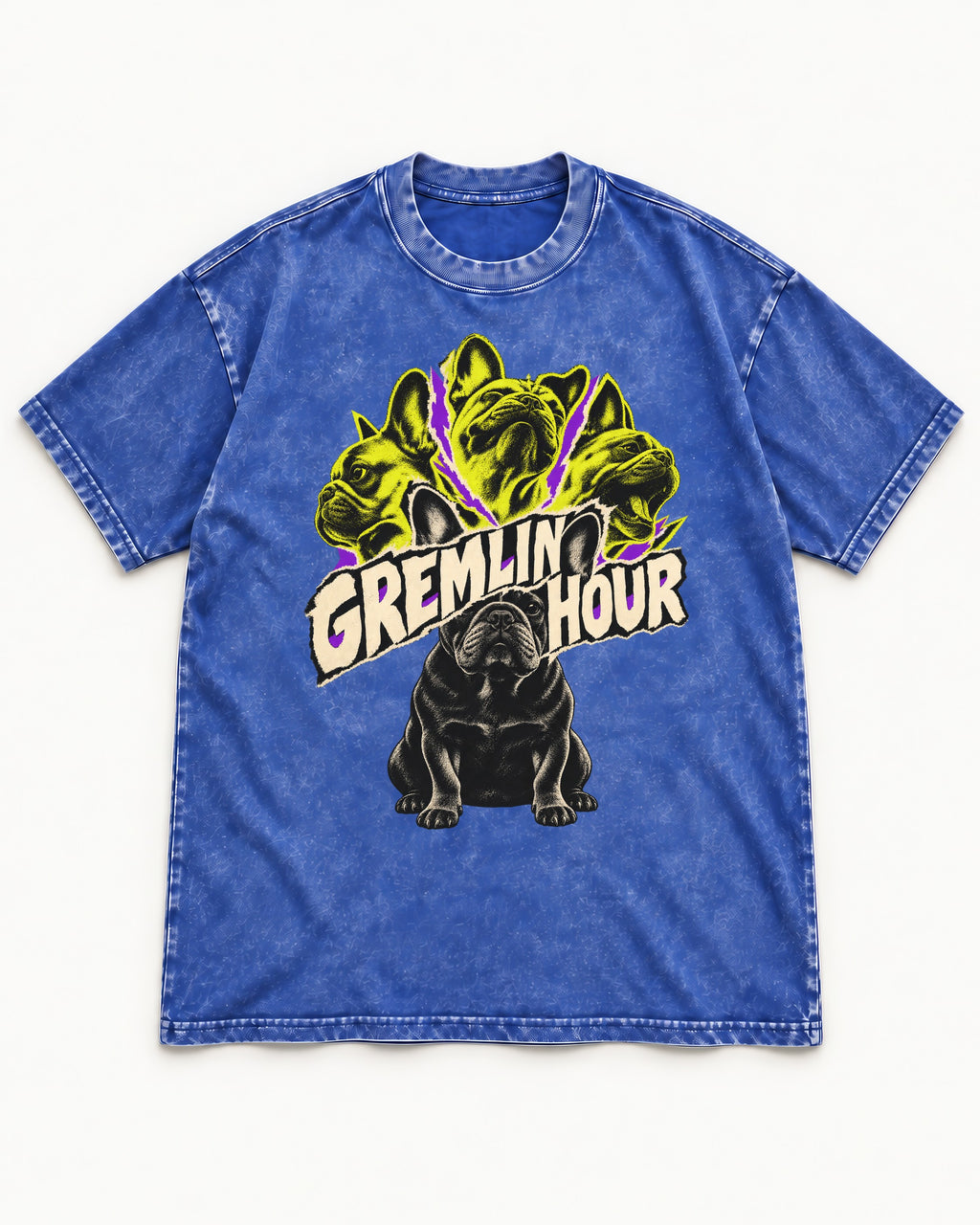 Frenchie Gremlin Hour Multi Portrait Graphic Washed Tee in Royal Blue, flat lay product photo