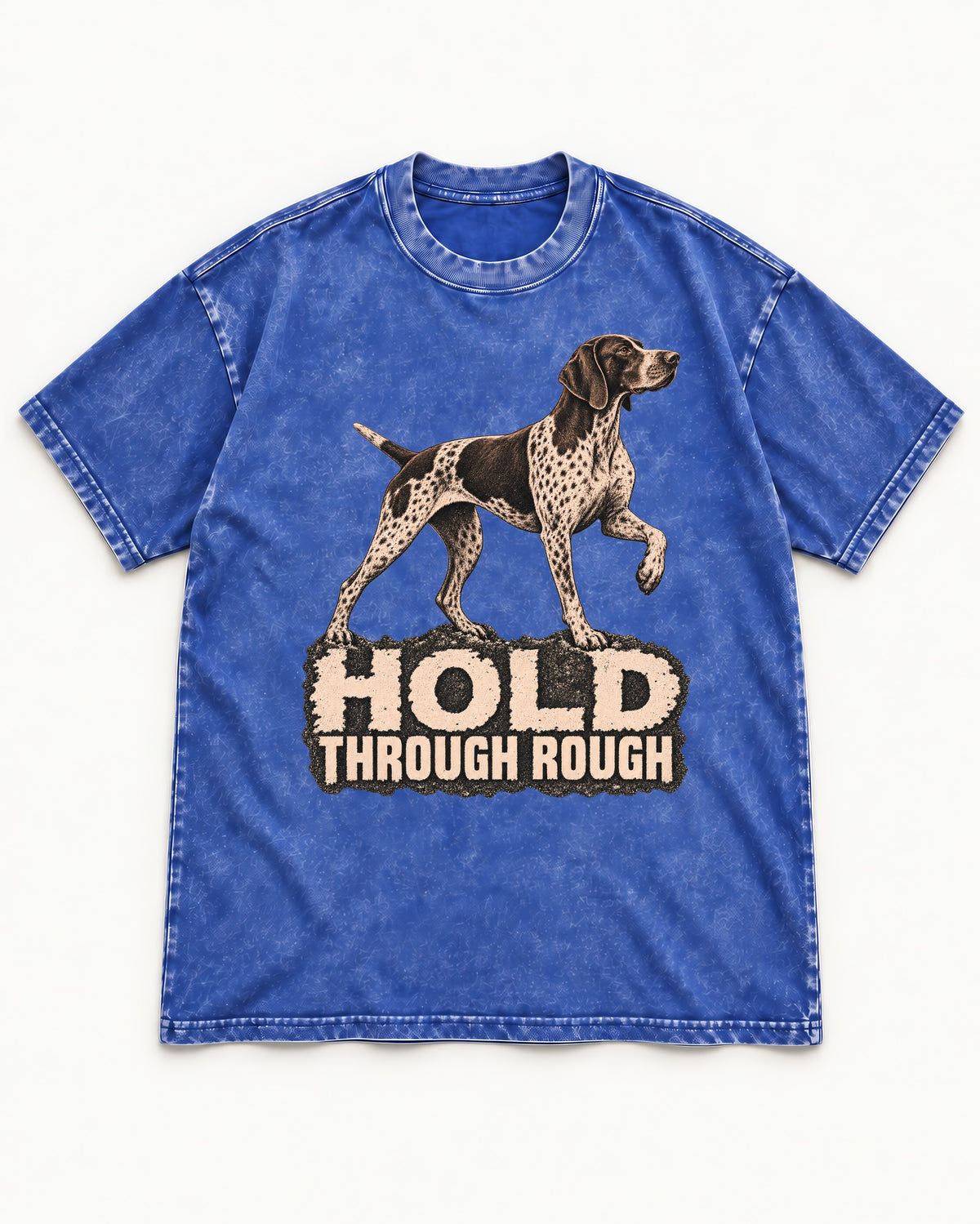 German Shorthaired Pointer Hold Through Rough Vintage Graphic Washed Tee in Royal Blue, flat lay product photo