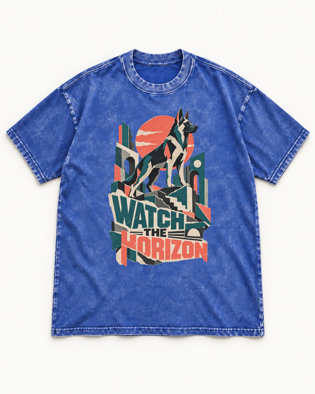 Watch The Horizon Cut Paper Cityscape German Shepherd Dog Graphic Washed Tee in Royal Blue, flat lay product photo