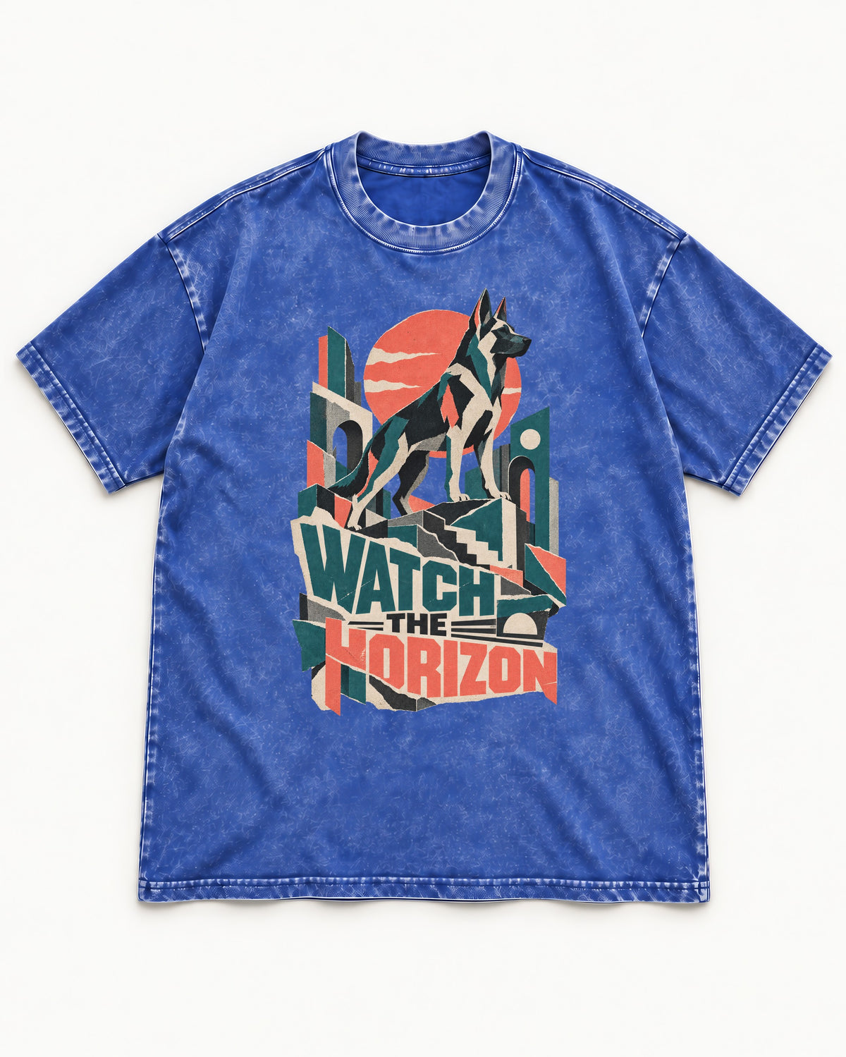 Watch The Horizon Cut Paper Cityscape German Shepherd Dog Graphic Washed Tee in Royal Blue, flat lay product photo